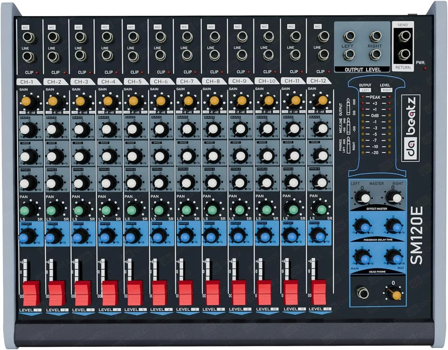 میکسر صوتی 12 کانال حرفه ای Dabeatz SM120E، میکسر صدای استریو اکو DJ برای مهمانی ها، جلوه های صحنه، عروسی ها، کارائوکه و ضبط استودیو، ارائه خروجی چشمگیر به مراسم شما