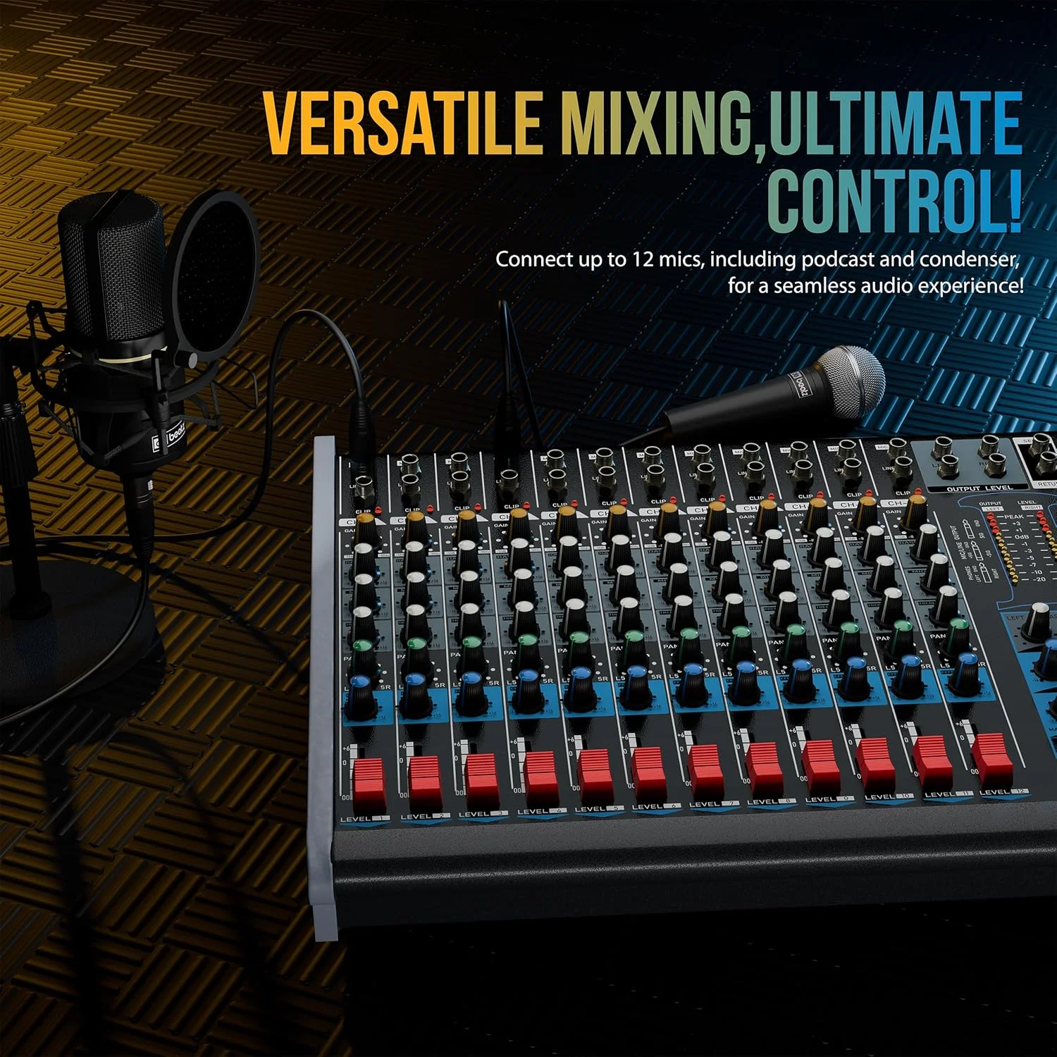 میکسر صوتی 12 کانال حرفه ای Dabeatz SM120E، میکسر صدای استریو اکو DJ برای مهمانی ها، جلوه های صحنه، عروسی ها، کارائوکه و ضبط استودیو، ارائه خروجی چشمگیر به مراسم شما