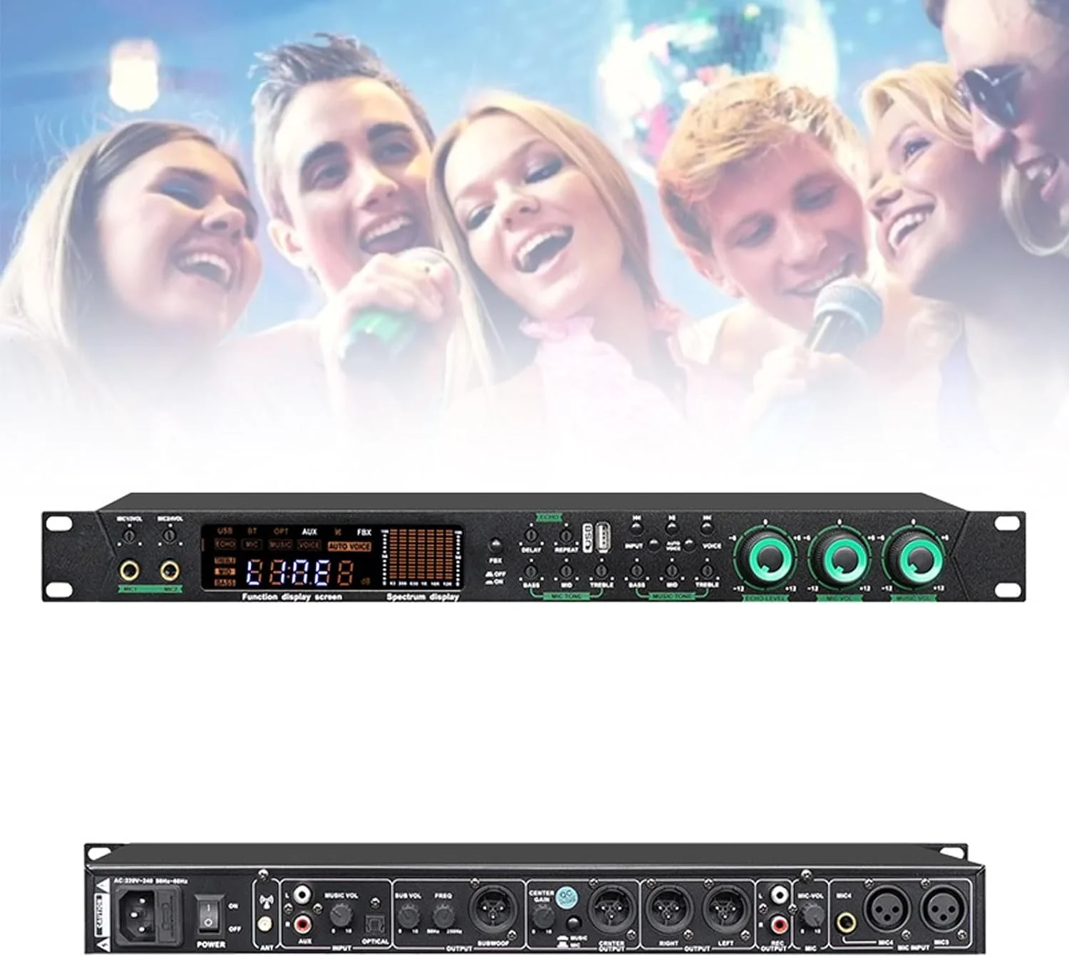 پردازشگر صوتی حرفه ای پیش تقویت کننده با 5 ورودی میکروفون، پردازنده صوتی ضد فیدبک، با افکت DSP اکو USB MP3 بلوتوث، تنظیم مستقل صدا، برای کارائوکه، استیج، کلیسا، اجرا