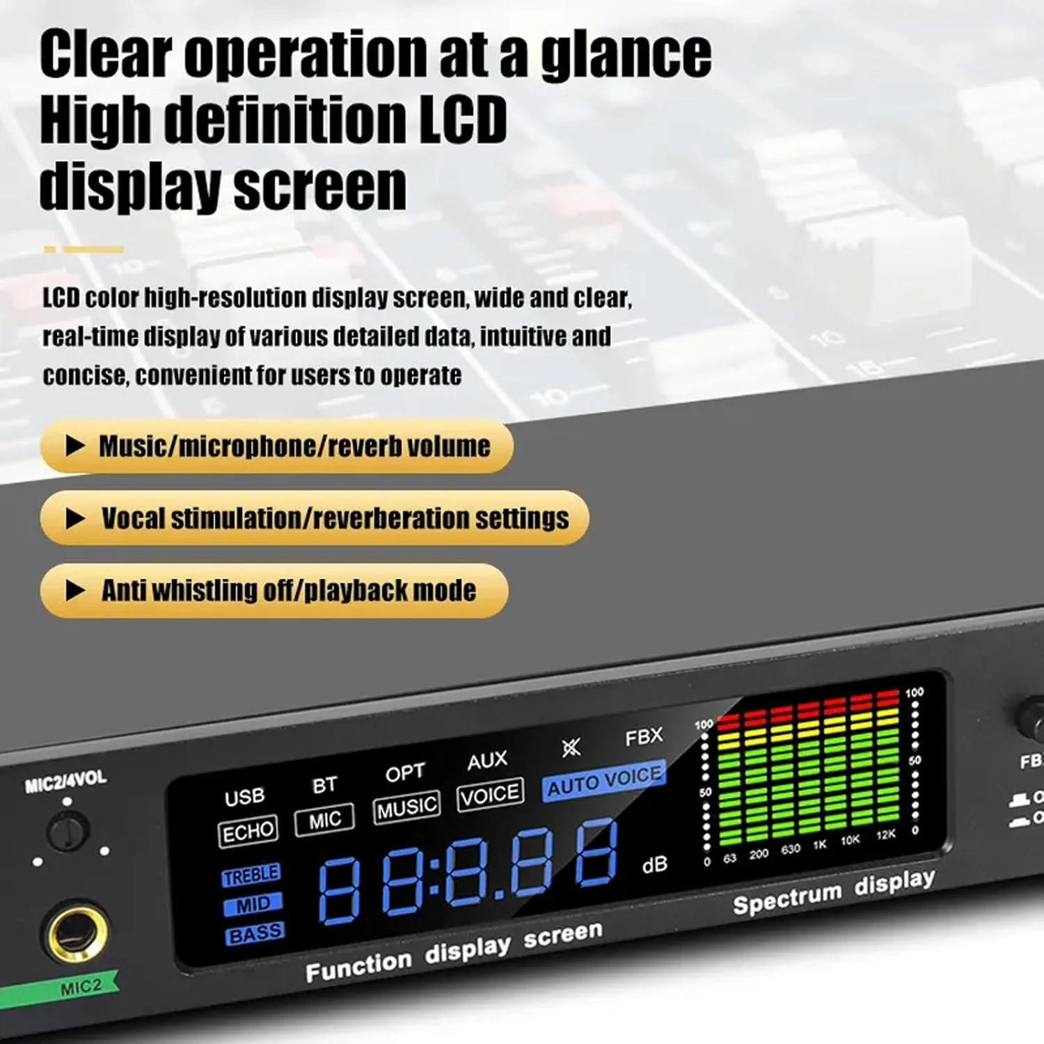 پردازشگر صوتی حرفه ای پیش تقویت کننده با 5 ورودی میکروفون، پردازنده صوتی ضد فیدبک، با افکت DSP اکو USB MP3 بلوتوث، تنظیم مستقل صدا، برای کارائوکه، استیج، کلیسا، اجرا پردازشگر صوتی حرفه ای پیش تقویت کننده با 5 ورودی میکروفون، پردازنده صوتی ضد فیدبک، با افکت DSP اکو USB MP3 بلوتوث، تنظیم مستقل صدا، برای کارائوکه، استیج، کلیسا، اجرا