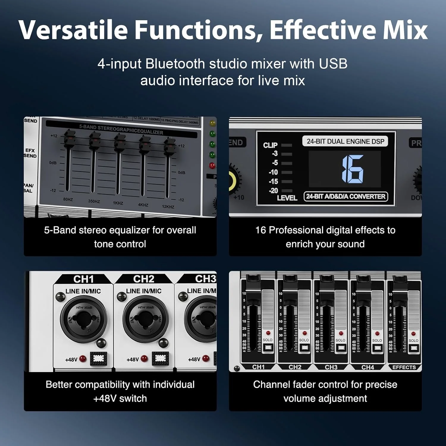 میکسر حرفه ای DJ، میکسر صدای Phenyx Pro با رابط صوتی USB، میکسر صوتی 4 کاناله با اکولایزر استریو، 16 افکت DSP، ایده آل برای استیج، اجراهای زنده و کارائوکه (PTX-15)