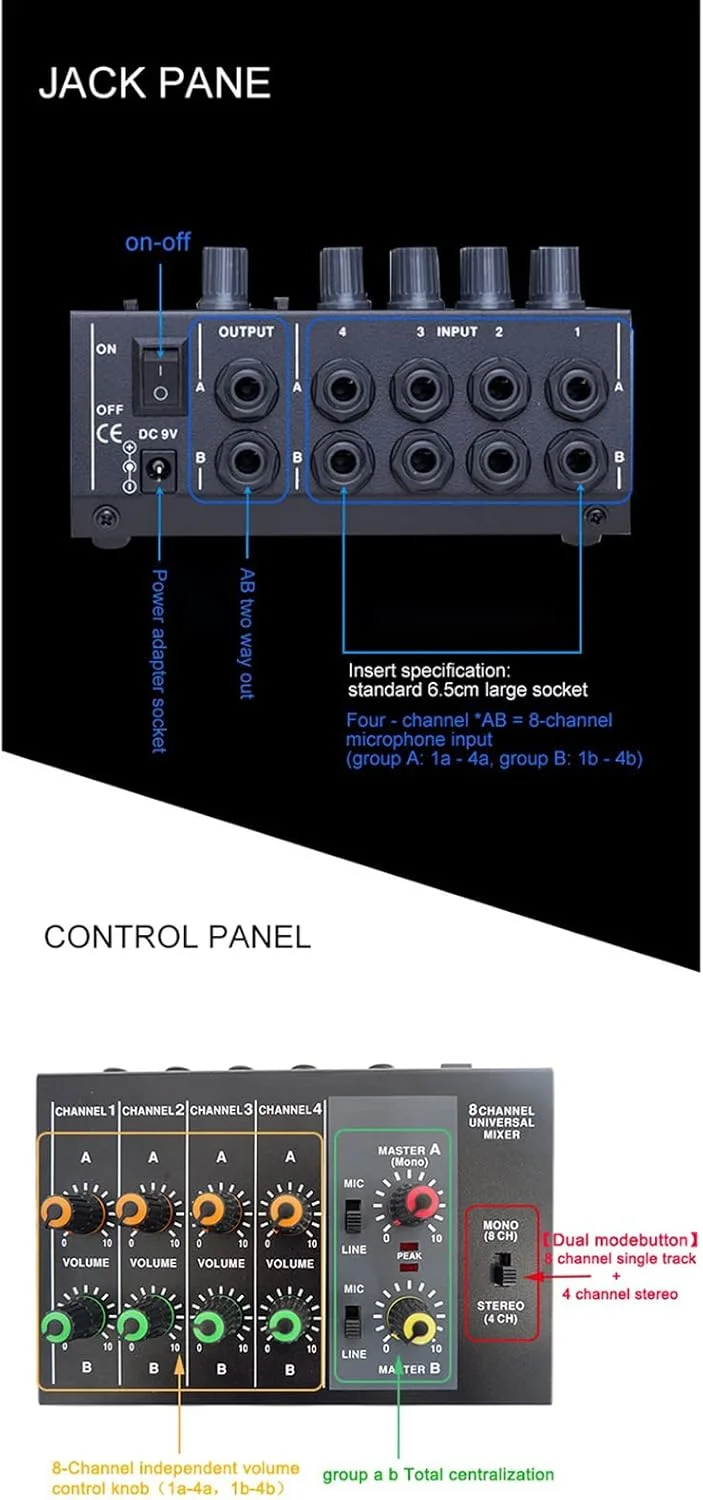 میکسر صدا حرفه ای، میکسر صدای 8 کاناله، کنسول میکس دیجیتال رابط صوتی چند منظوره با افکت های داخلی برای ضبط گیتار و پخش زنده