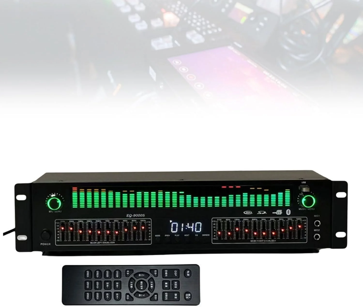 اکولایزر حرفه ای هوشمند، اکولایزر گرافیکی استریو 31 باندی با کنترل از راه دور، 12 جلوه از پیش تعیین شده، کاهش نویز خودکار، پردازنده افکت برای استودیو، استودیو ضبط، خانه، دی جی