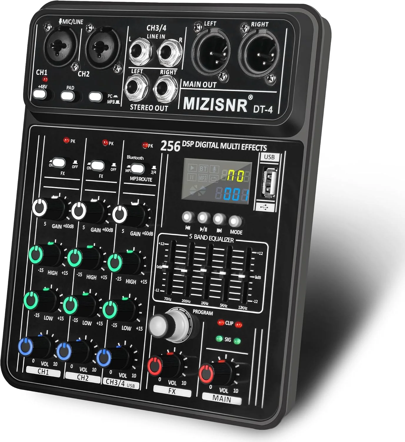 میکسر صوتی حرفه ای 4 کانال، پشتیبانی از ورودی بلوتوث/MP3/USB، دارای 256 افکت صوتی حرفه ای داخلی، اکولایزر 5 باندی برای کنترل دقیق صدا، دارای فانتوم پاور 48 ولت و تضعیف کننده PAD