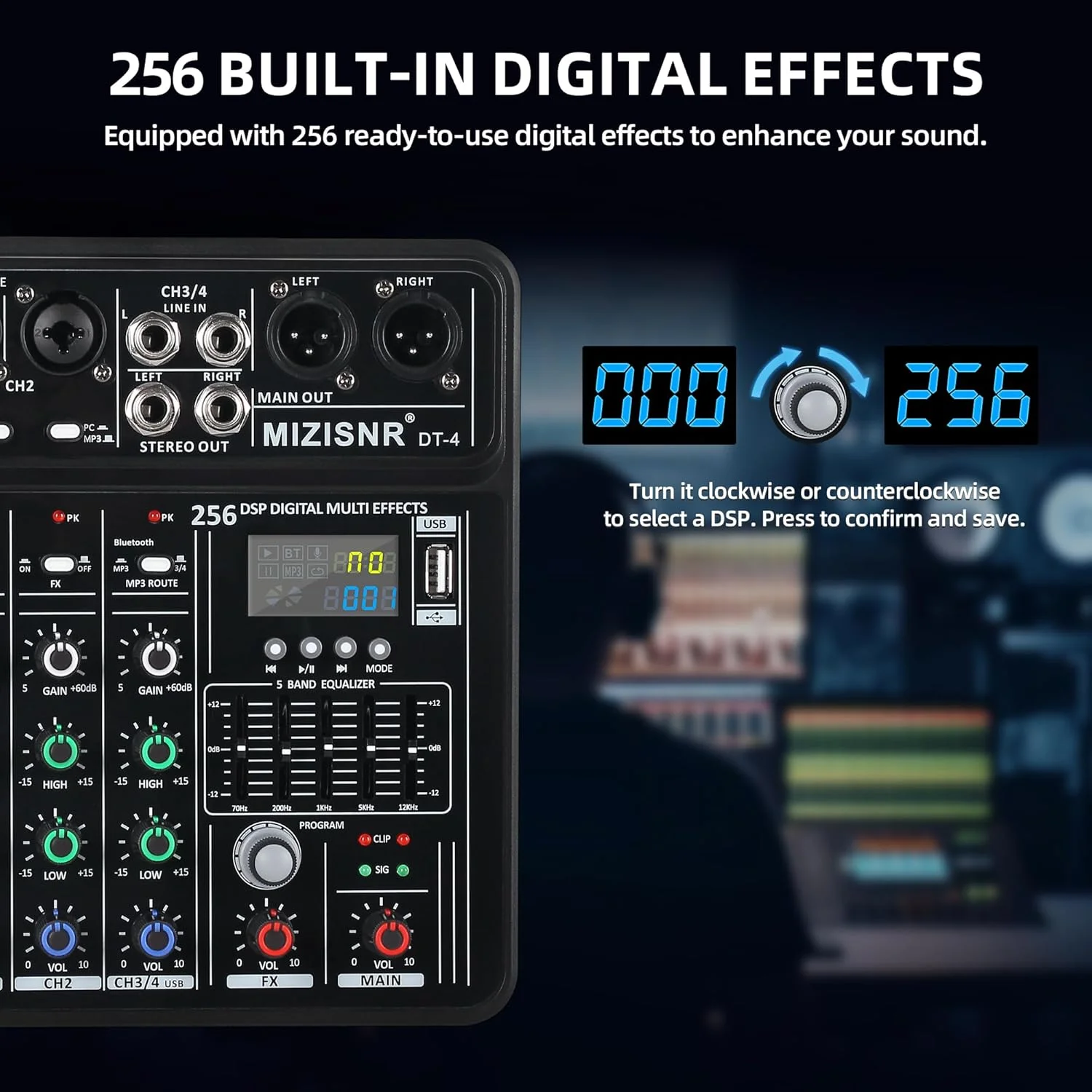 میکسر صوتی حرفه ای 4 کانال، پشتیبانی از ورودی بلوتوث/MP3/USB، دارای 256 افکت صوتی حرفه ای داخلی، اکولایزر 5 باندی برای کنترل دقیق صدا، دارای فانتوم پاور 48 ولت و تضعیف کننده PAD