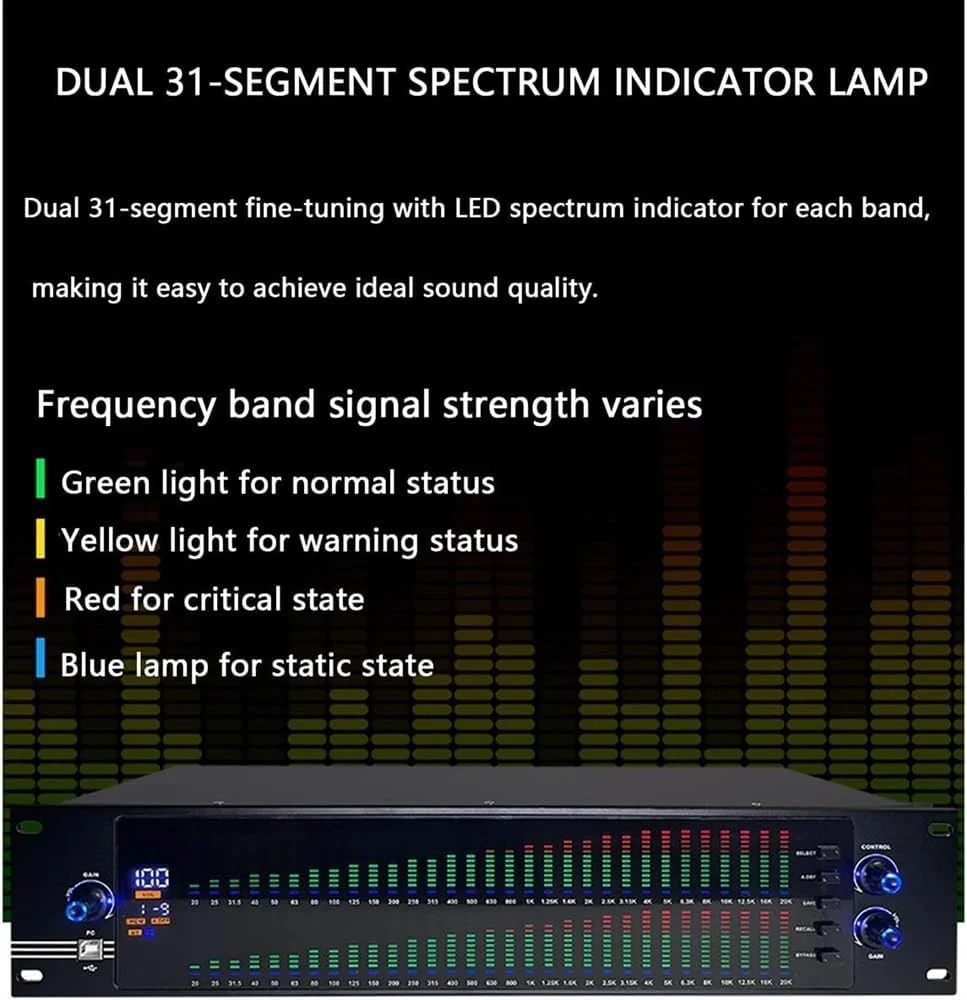 اکولایزر دیجیتال حرفه ای دوگانه 31 باندی، طیف اثر تنظیم کاهش نویز هوشمند، مورد استفاده برای آهنگ K خانگی/KTV/بار/استیج (777S)
