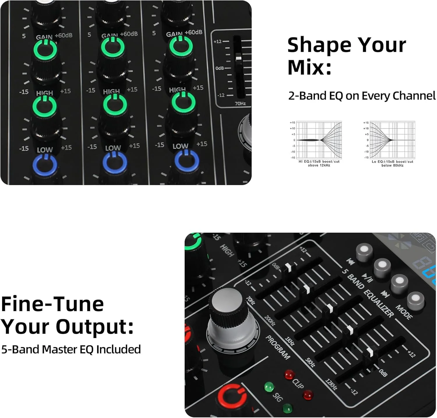 میکسر صوتی حرفه ای 4 کانال، پشتیبانی از ورودی بلوتوث/MP3/USB، دارای 256 افکت صوتی حرفه ای داخلی، اکولایزر 5 باندی برای کنترل دقیق صدا، دارای فانتوم پاور 48 ولت و تضعیف کننده PAD