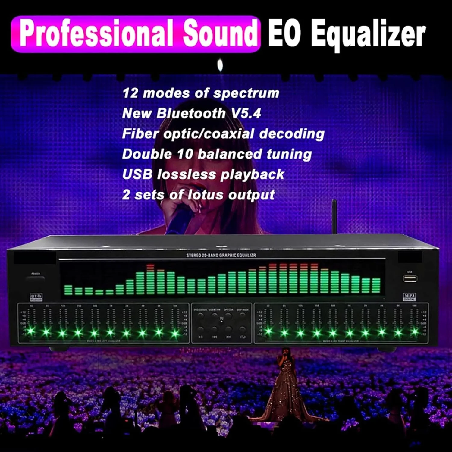 اکولایزر حرفه ای، پردازنده صوتی دیجیتال طیف پویا 31 باندی با کنترل از راه دور و کابل صدا، پشتیبانی از عملکرد بلوتوث، اکولایزر گرافیکی استریو برای خانه، استودیو