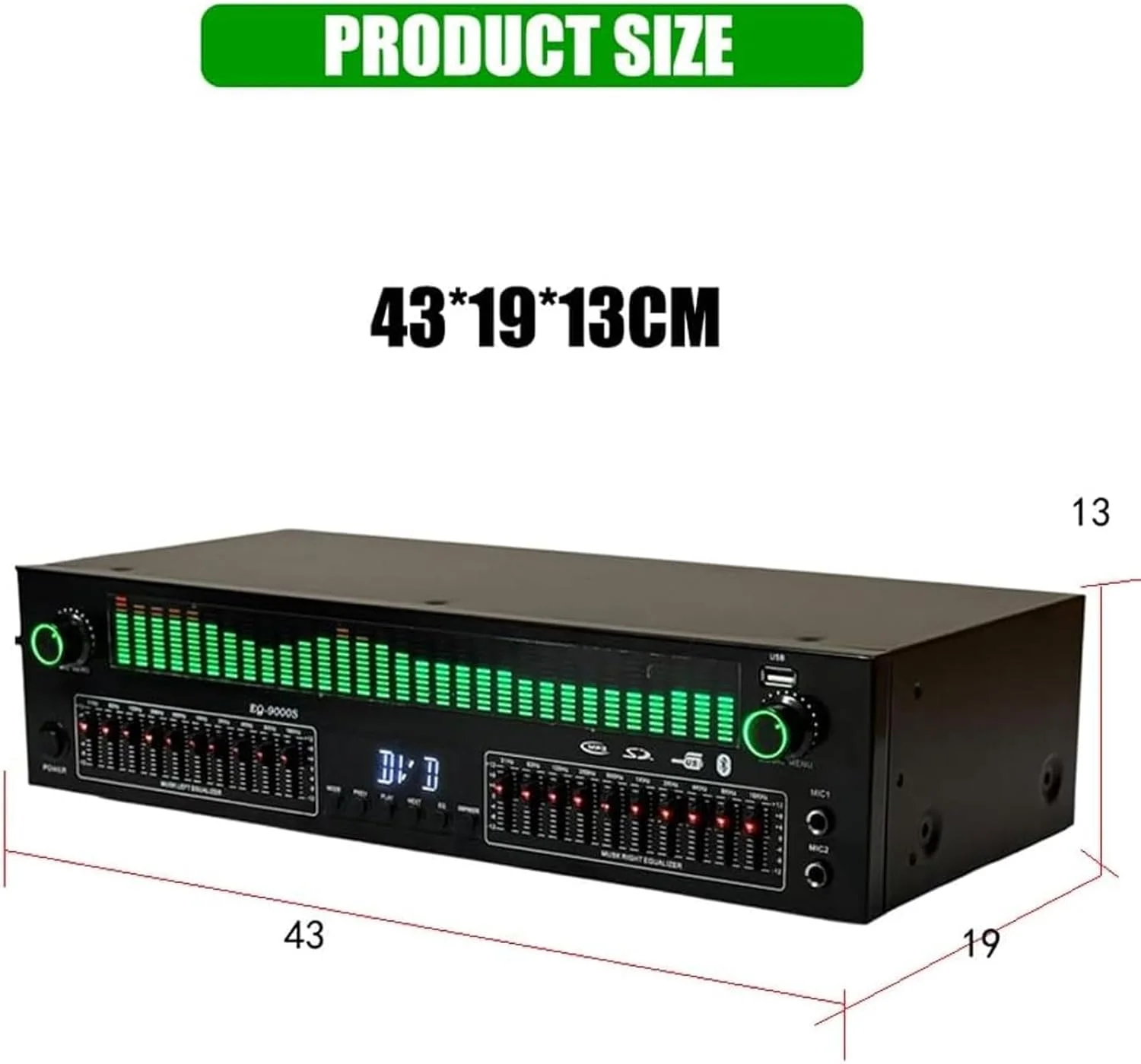 اکولایزر حرفه ای هوشمند، اکولایزر گرافیکی استریو 31 باندی با کنترل از راه دور، 12 جلوه از پیش تعیین شده، کاهش نویز خودکار، پردازنده افکت برای استودیو، استودیو ضبط، خانه، دی جی