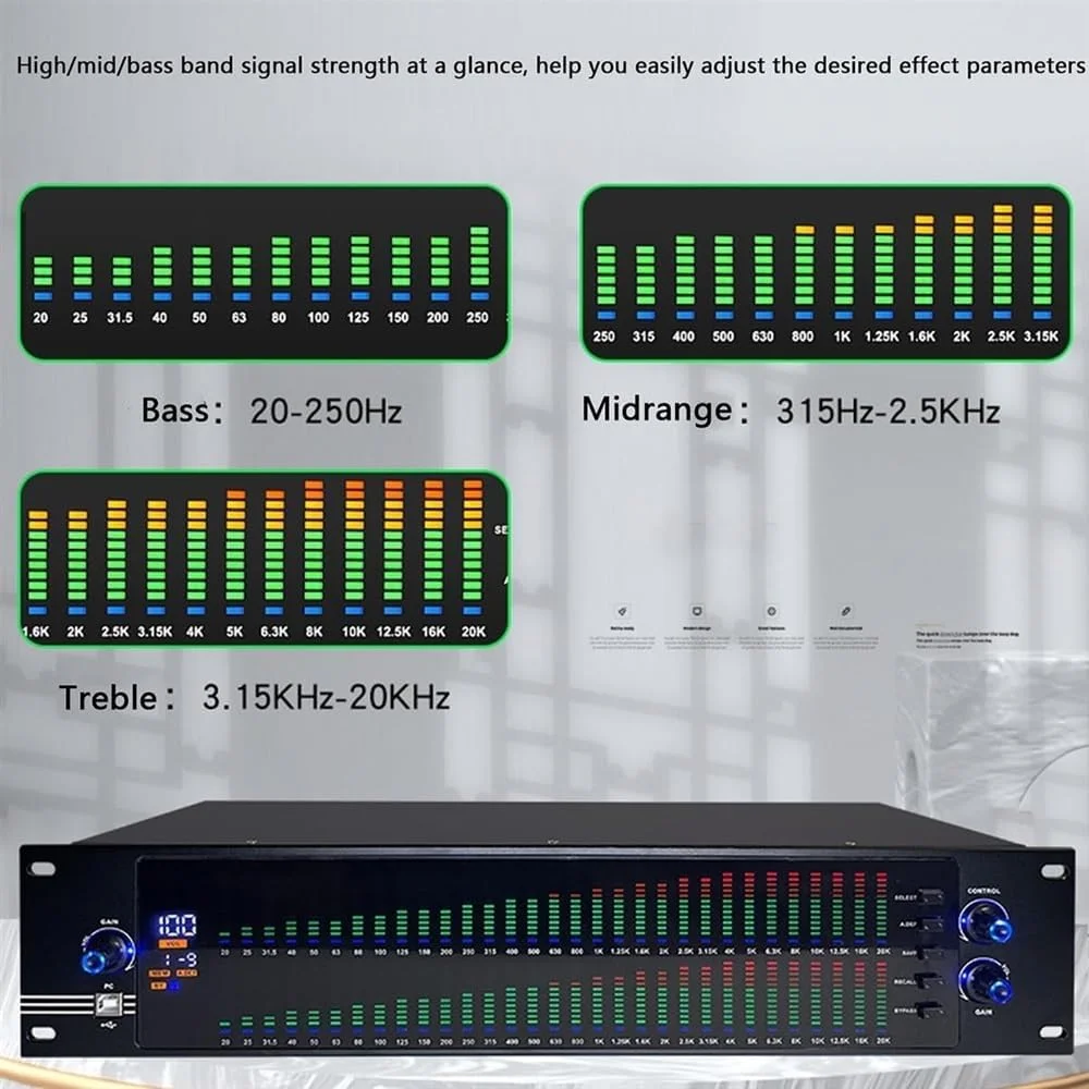 اکولایزر دیجیتال حرفه ای دوگانه 31 باندی، طیف اثر تنظیم کاهش نویز هوشمند، مورد استفاده برای آهنگ/KTV/بار/استیج خانگی (777S)