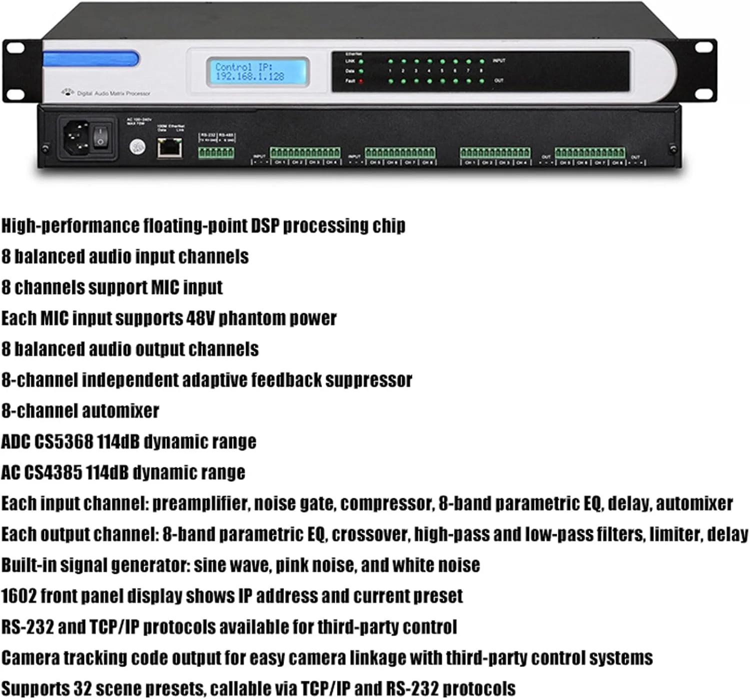 پردازشگر صوتی ماتریس دیجیتال حرفه ای، 8 ورودی و 8 خروجی، تجهیزات استیج، 32 مجموعه از پیش تنظیمات صحنه، ژنراتور سیگنال داخلی، برای استیج، کنفرانس، اجرا، استودیو ضبط