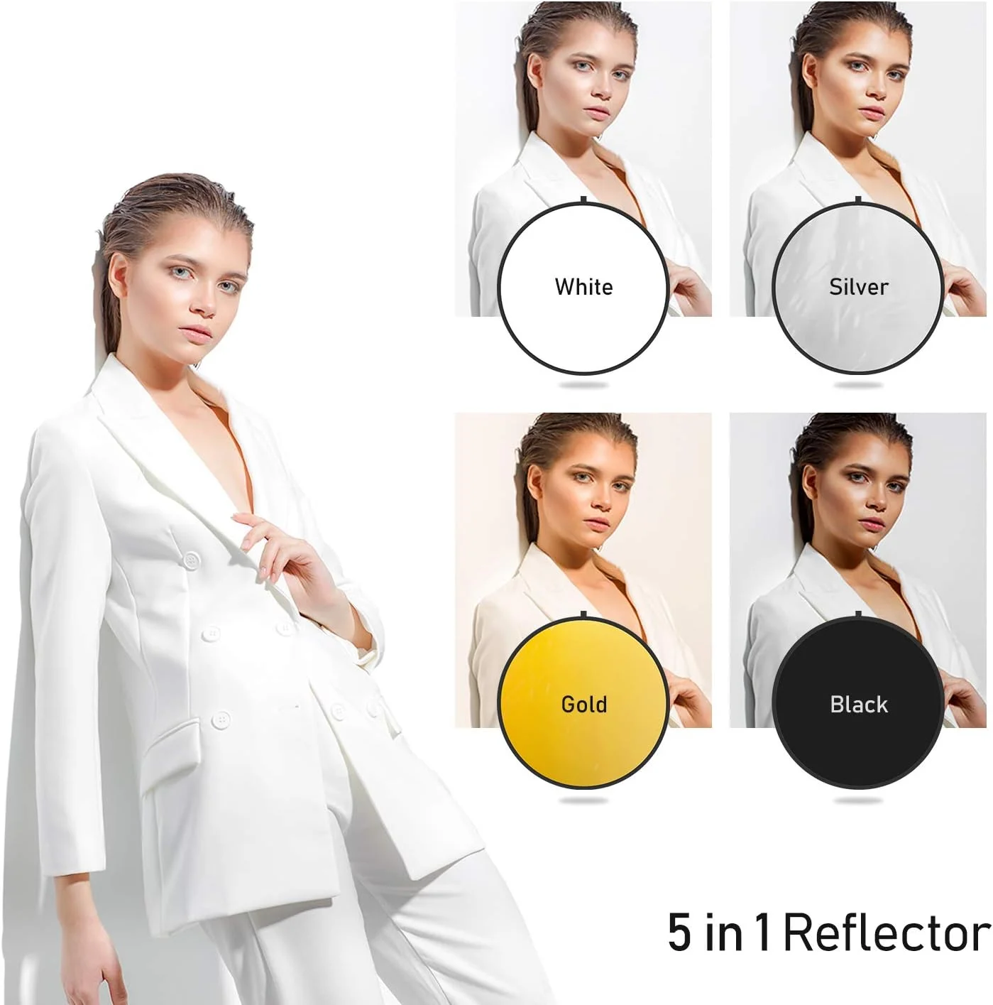 رفلکتور دیسکی 5 در 1 لیمواستودیو 32 اینچی، 5 رنگ سفید، مشکی، نقره ای، طلایی، شفاف، پایه نور استودیویی عکس، گیره نگهدارنده با براکت نصب پایه نور با نگهدارنده رفلکتور چتر، AGG2914