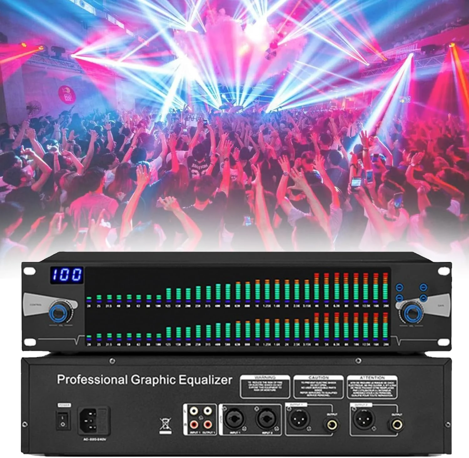 اکولایزر گرافیکی استریو 31 باندی، اکولایزر استریو حرفه ای دوگانه 31 باندی، 10 جلوه از پیش تعیین شده، تنظیمات بالا، متوسط و باس، کاهش نویز هوشمند، اکولایزر گرافیکی برای استودیوی ضبط