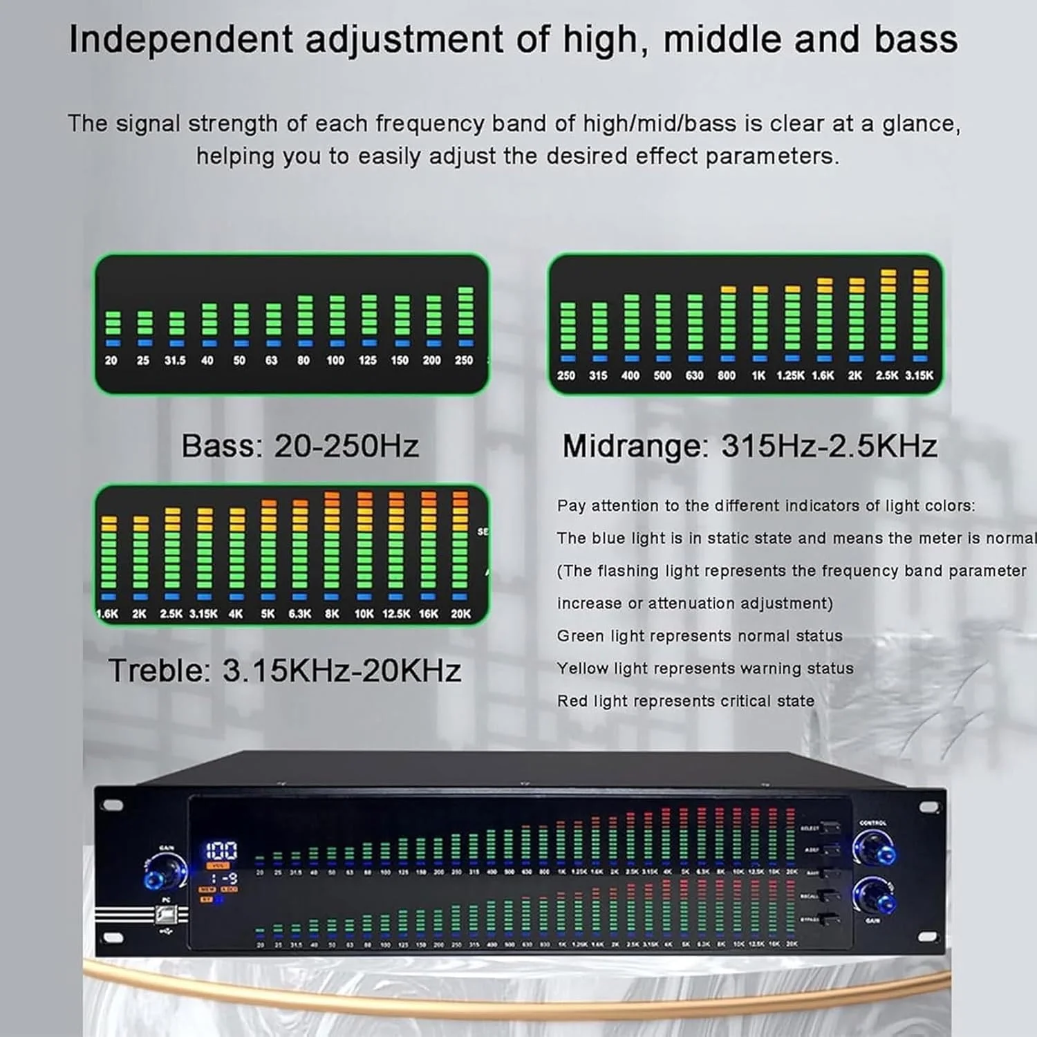 اکولایزر گرافیکی 31 باندی قابل حمل، اکولایزر گرافیکی 2 کاناله حرفه ای با 10 افکت از پیش تنظیم شده، عملکردهای تنظیم مستقل بالا/متوسط/پایین، کاهش نویز خودکار، برای استودیو