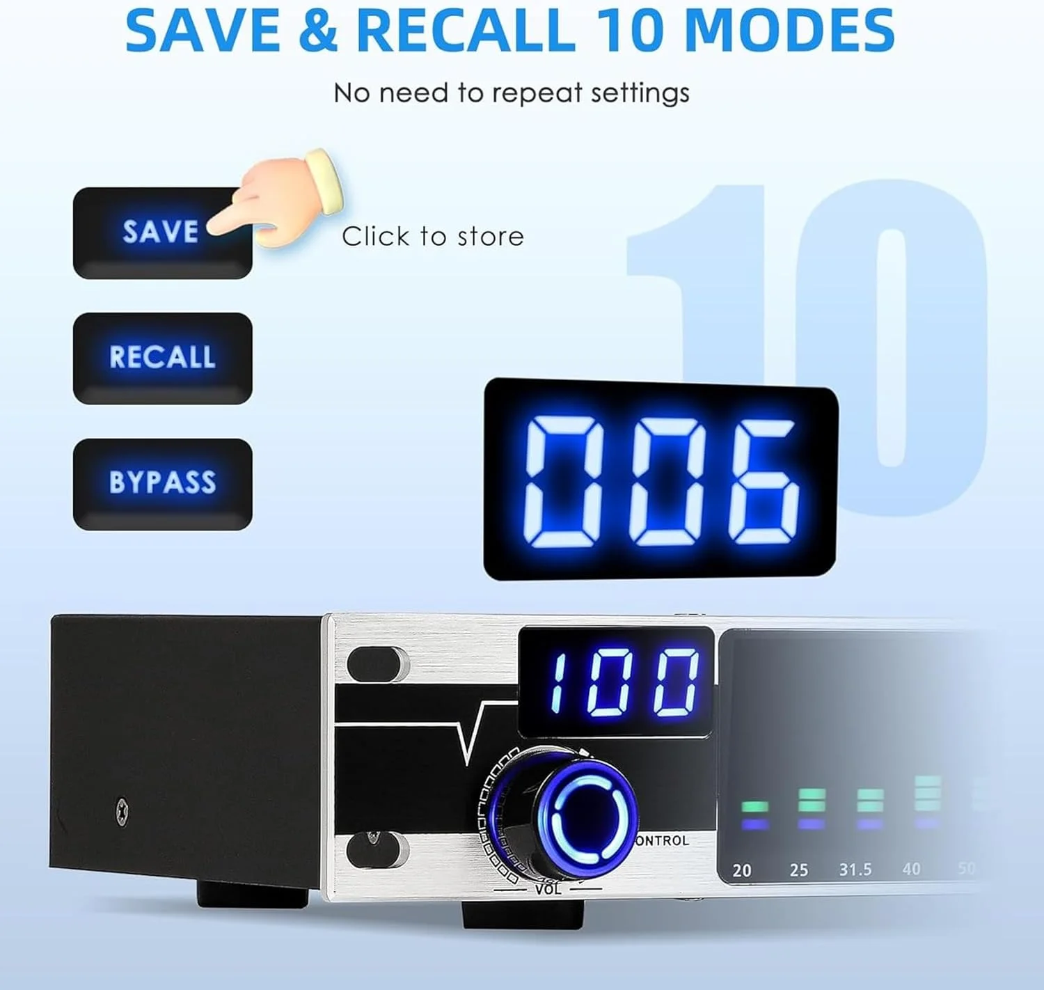 پردازشگر سیگنال صوتی استریو 31 باندی EQ، نمایشگر LCD با کیفیت بالا، آنالوگ سطح اکولایزر حرفه ای، پردازنده دیجیتال کاهش نویز هوشمند