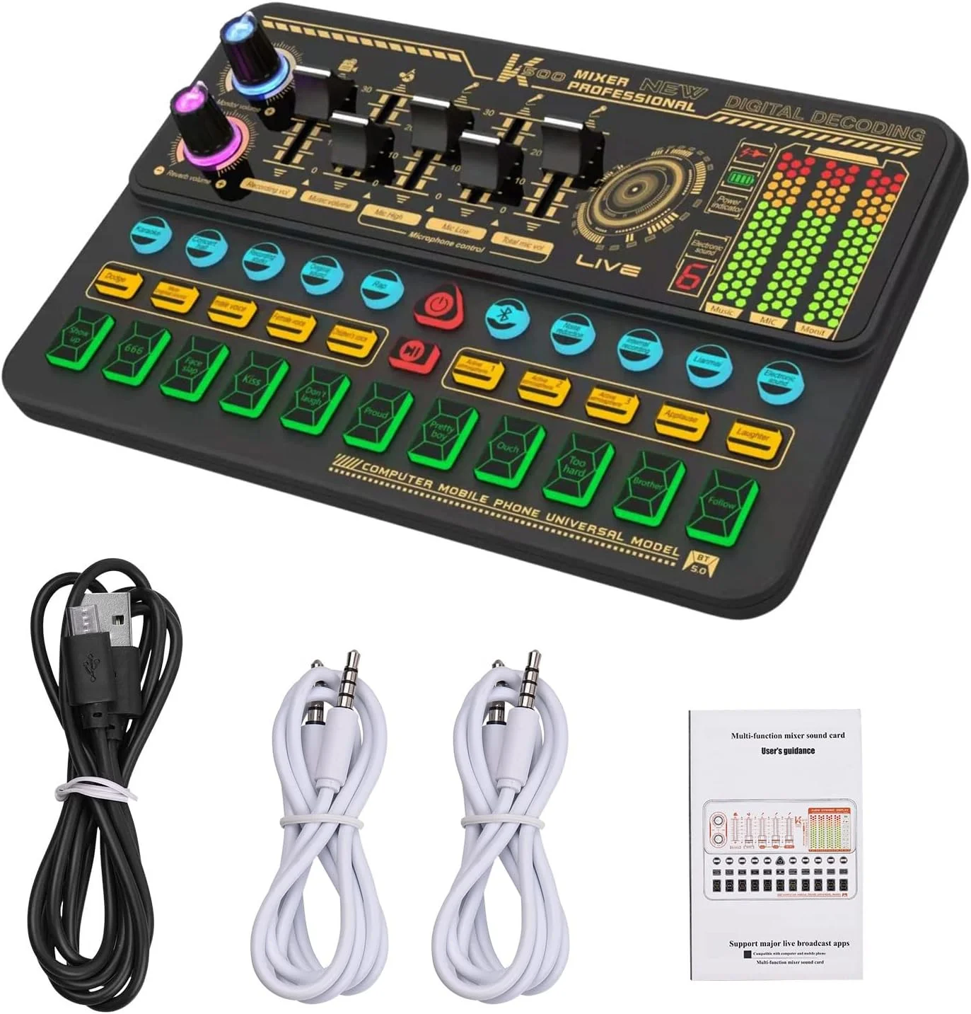 کارت صدای زنده قابل حمل 500، دستگاه تغییر صدا، میکسر صوتی با جلوه های صوتی متعدد داخلی، باتری قابل شارژ، اتصال BT برای تلفن هوشمند، کامپیوتر، پخش زنده، آواز خواندن آنلاین، چت و بازی