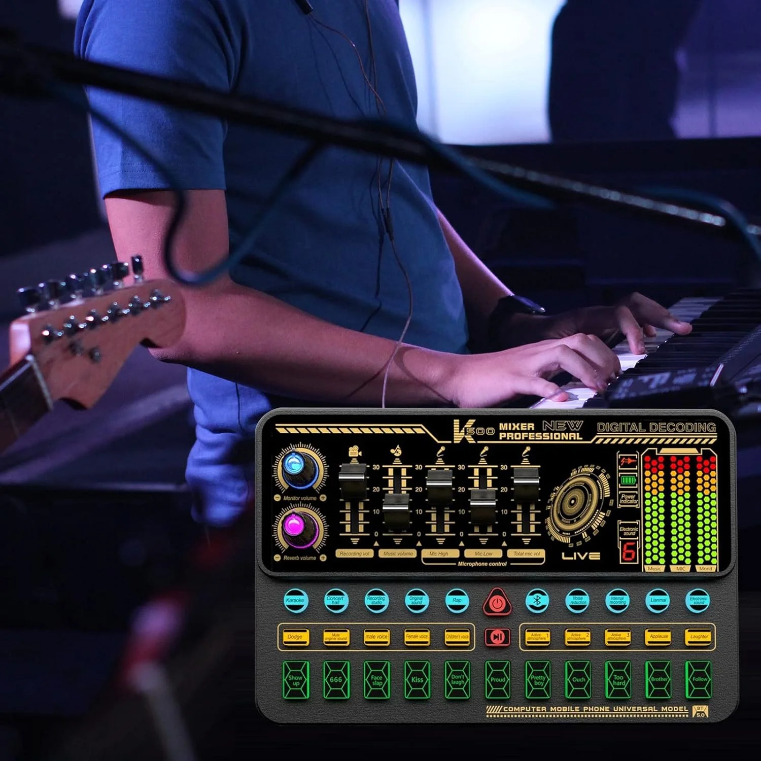 کارت صدای زنده قابل حمل 500، دستگاه تغییر صدا، میکسر صوتی با جلوه های صوتی متعدد داخلی، باتری قابل شارژ، اتصال BT برای تلفن هوشمند، کامپیوتر، پخش زنده، آواز خواندن آنلاین، چت و بازی