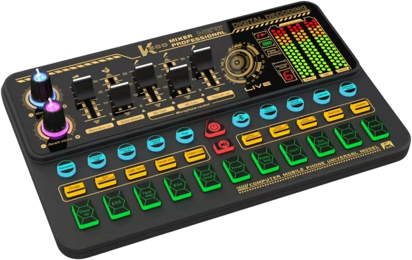 کارت صدای زنده قابل حمل 500، دستگاه تغییر صدا، میکسر صوتی با جلوه‌های صوتی متعدد داخلی، باتری قابل شارژ، اتصال BT برای تلفن هوشمند، کامپیوتر، پخش زنده، آواز خواندن آنلاین، چت و بازی