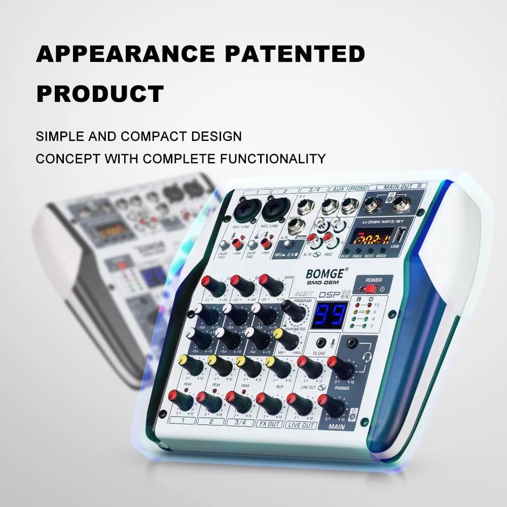 میکسر صدای حرفه ای 6 کانال DJ استریو MP3 USB BT با ورودی 48 ولت فانتوم پاور، پردازنده 99 DSP، صفحه نمایش بزرگ با نشانگر سوئیچ برای دسکتاپ کارائوکه