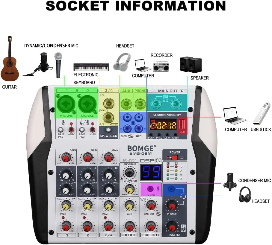 میکسر صدای حرفه ای 6 کانال DJ استریو MP3 USB BT با ورودی 48 ولت فانتوم پاور، پردازنده 99 DSP، صفحه نمایش بزرگ با نشانگر سوئیچ برای دسکتاپ کارائوکه