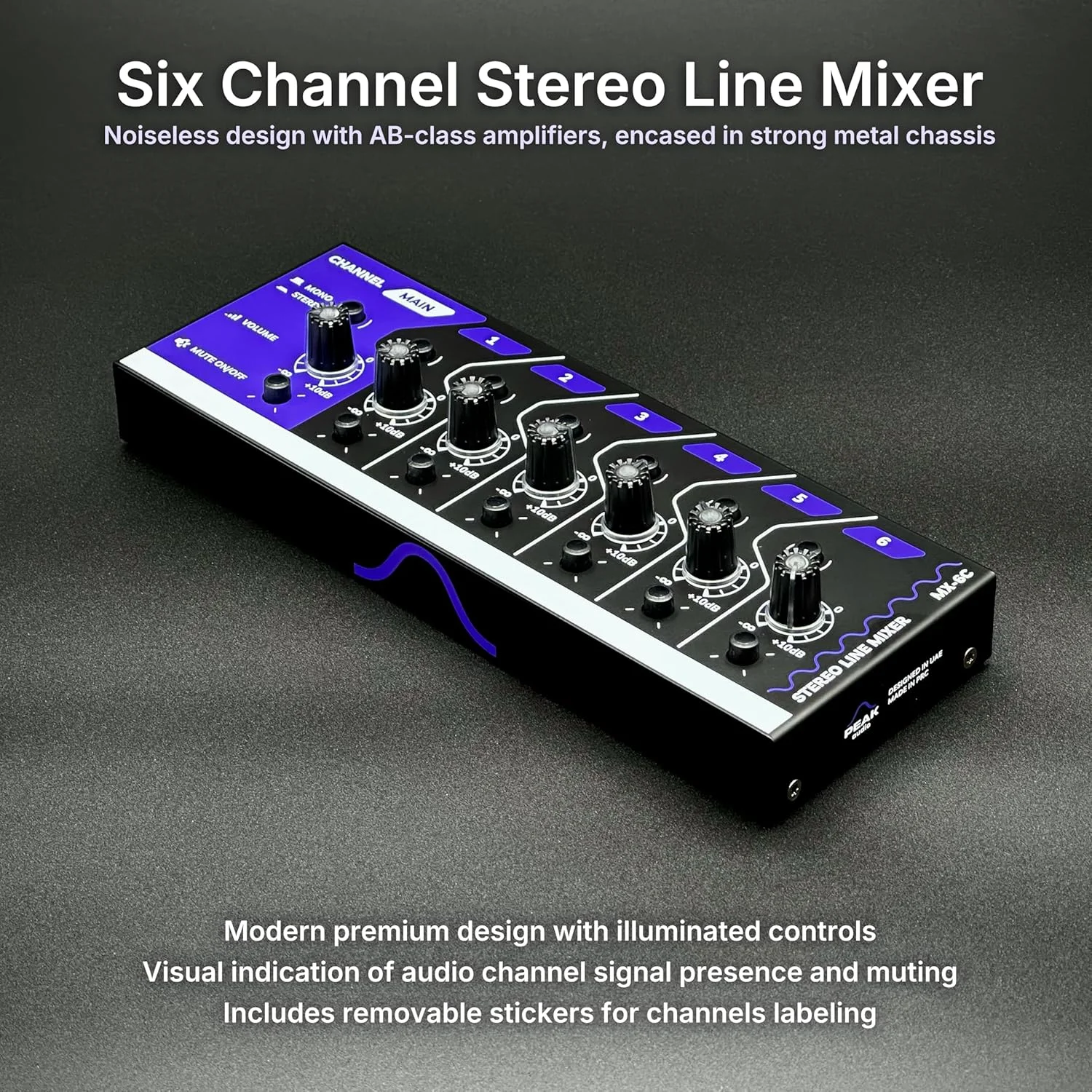 میکسر خطی استریو 6 کاناله فعال MX-6C، ترکیب فرعی سیگنال صوتی برای استودیو خانگی یا حرفه ای، برای سینت سایزر، کیبورد، گیتار، بیس یا رابط صوتی، ورودی و خروجی جک TRS 3.5 و 6.35