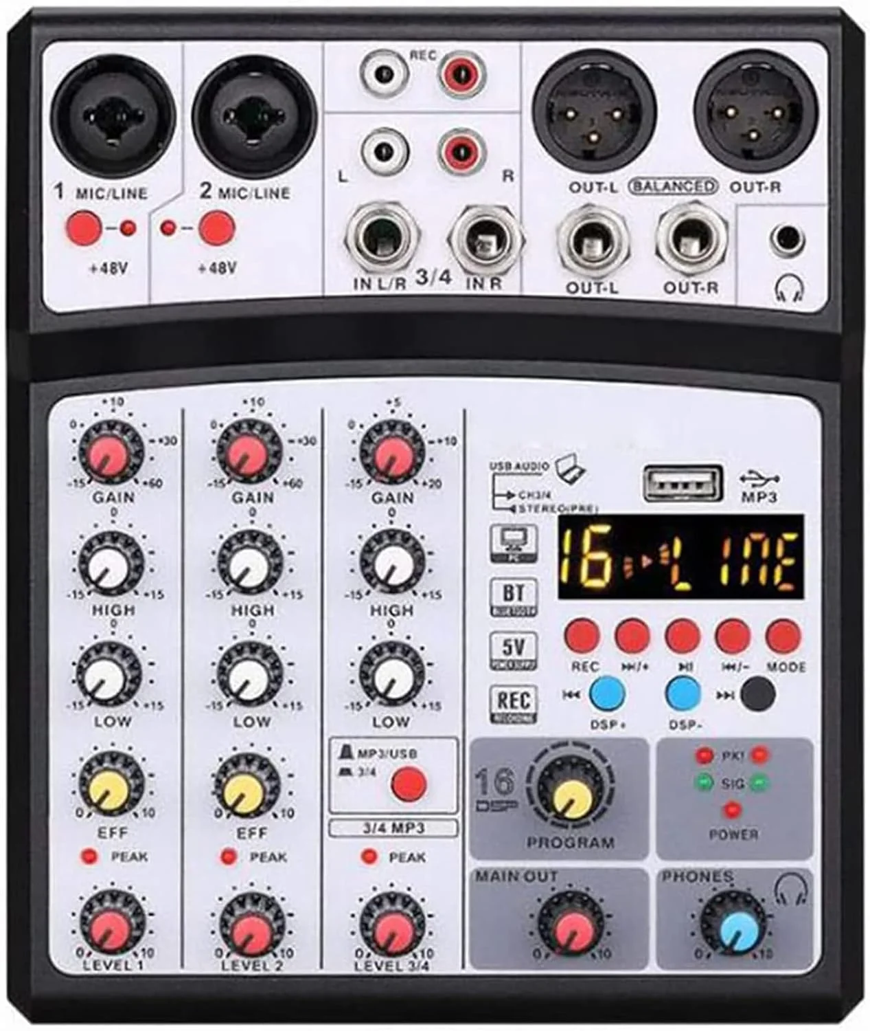 میکسر صدای 4 کاناله، کنترلر میکسر DJ، میزهای میکس استودیویی با 16 افکت DSP، کارت صدای ضبط رابط صوتی USB کنسول DJ