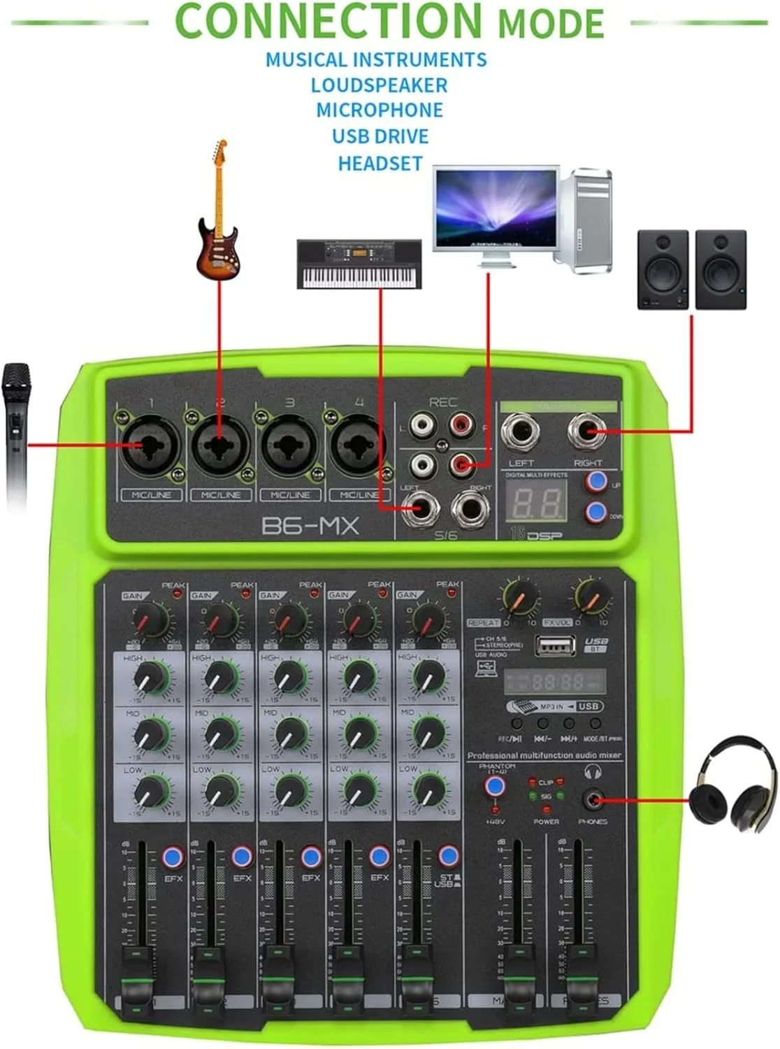 پردازشگر USB بلوتوث ریورب، میکسر صوتی 6 کاناله، دارای 4 ورودی میکروفون XLR/LINE، با برق 48 ولت و 16 افکت DSP پردازشگر USB بلوتوث ریورب، میکسر صوتی 6 کاناله، دارای 4 ورودی میکروفون XLR/LINE، با برق 48 ولت و 16 افکت DSP
