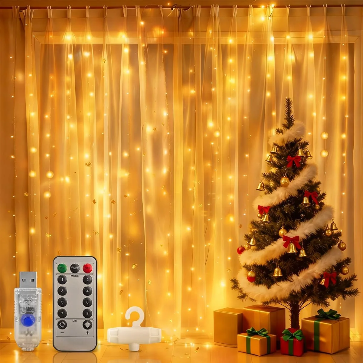 چراغ پرده ای 300 LED با کنترل از راه دور، 8 حالت نورپردازی، 3x3 متر، اتصال USB، مناسب برای تزئینات دیوار، باغ، کریسمس، اتاق خواب، فضای داخلی و خارجی