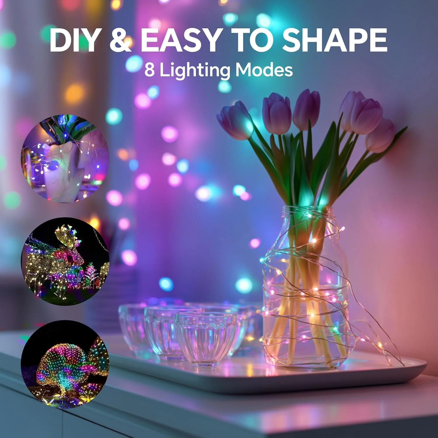 چراغ تزئینی خورشیدی فضای باز 2 عددی (12 متری)، Baytion 100LED چراغ های پری فضای باز با 8 حالت نورپردازی، چراغ های باغ ضد آب برای بالکن، کمپینگ، ساحل، حیاط، دکوراسیون مهمانی (چند رنگ)