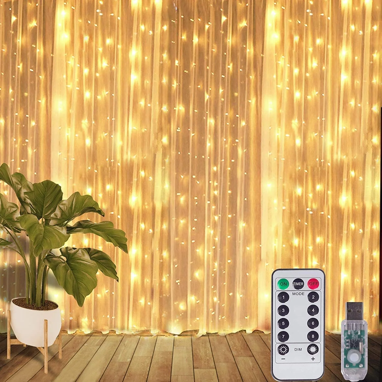 چراغ پرده ای ریسه ای 300 LED با 8 حالت نوردهی، کنترل از راه دور، تغذیه USB، ضد آب 3x3 متری، مناسب جشن عروسی، ماه رمضان، خانه، باغ، اتاق خواب، دکوراسیون داخلی و خارجی، دیوار، کریسمس