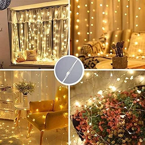 چراغ پرده ای ریسه ای 300 LED با 8 حالت نوردهی، کنترل از راه دور، تغذیه USB، ضد آب 3x3 متری، مناسب جشن عروسی، ماه رمضان، خانه، باغ، اتاق خواب، دکوراسیون داخلی و خارجی، دیوار، کریسمس