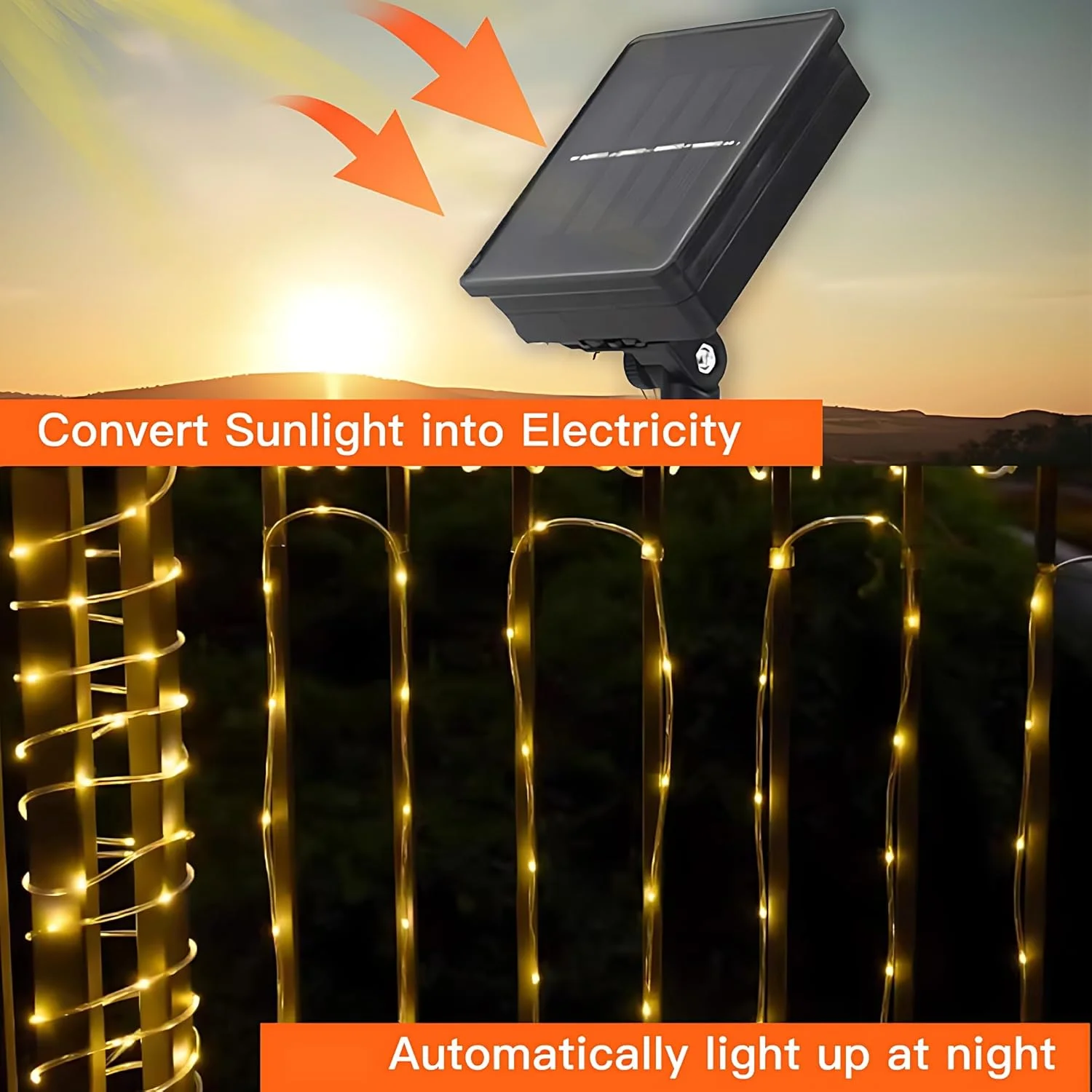 چراغ‌های طنابی خورشیدی Uoexziyi، 12 متر 100 LED چراغ‌های رشته‌ای خورشیدی، چراغ‌های پری ضد آب با 8 حالت قابل تنظیم برای دکوراسیون فضای باز (گرم)