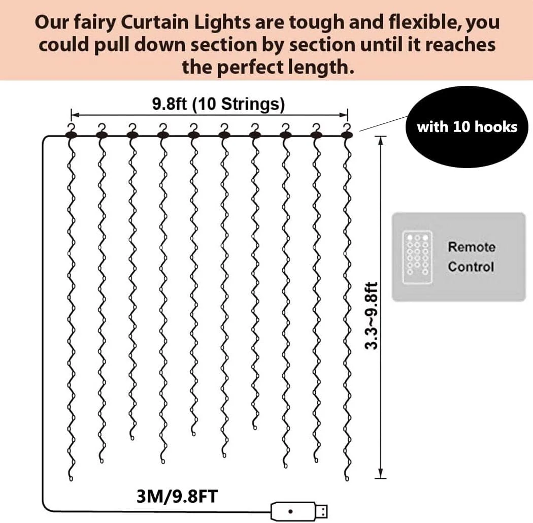 چراغ‌های پرده‌ای ال‌ای‌دی کیونایسون با 300 ال‌ای‌دی، طول 3 متر، چراغ‌های تزئینی چشمک‌زن برای مهمانی، چراغ‌های ال‌ای‌دی مناسب فضای باز با 8 حالت ریموت کنترل برای تزئینات دیوار اتاق خواب باغ خانه، سفید گرم