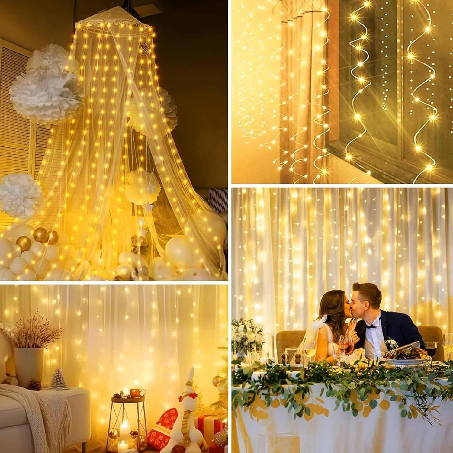 چراغ‌های پرده‌ای ال‌ای‌دی کیونایسون با 300 ال‌ای‌دی، طول 3 متر، چراغ‌های تزئینی چشمک‌زن برای مهمانی، چراغ‌های ال‌ای‌دی مناسب فضای باز با 8 حالت ریموت کنترل برای تزئینات دیوار اتاق خواب باغ خانه، سفید گرم