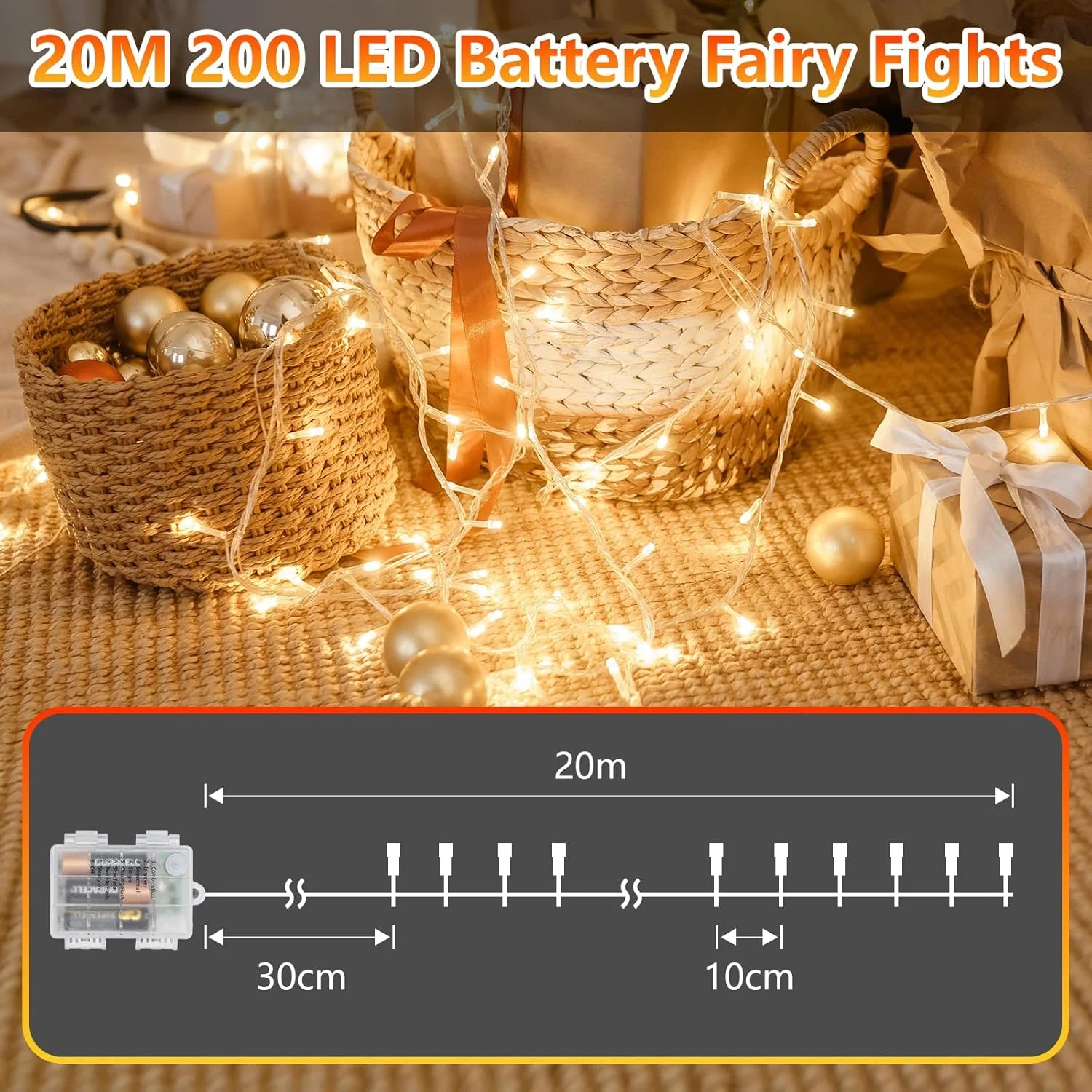 چراغ های تزئینی با باتری، 20 متر، 200 ال ای دی، چراغ های دیوالی با تایمر/ریموت/8 حالت/قابل تنظیم نور، چراغ های ضد آب برای دکوراسیون اتاق خواب، کریسمس و ماه رمضان