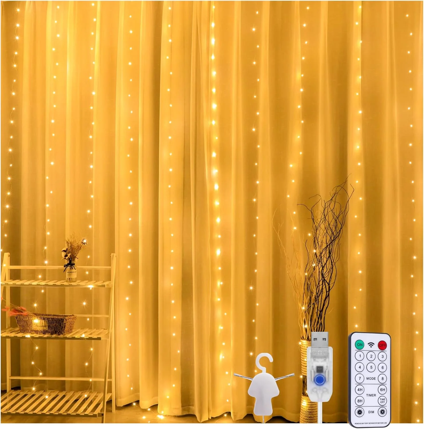 چراغ پرده ای Baytion، 300 چراغ LED، چراغ پرده ای پنجره USB 3x3 متری، چراغ های تزئینی با کنترل از راه دور، 8 حالت نورپردازی برای اتاق خواب، مهمانی، تزئینات دیوار عروسی (با منبع تغذیه USB)