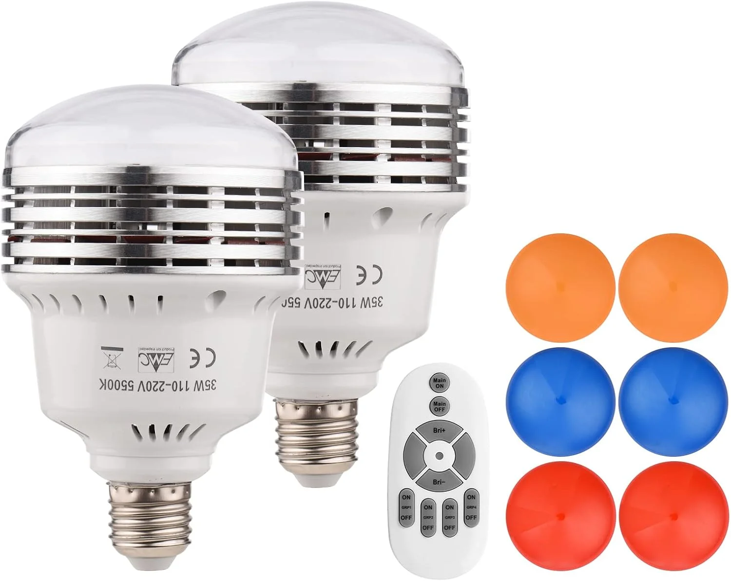 لامپ LED فاوونو 35 وات 5500K، لامپ عکاسی کم مصرف با روشنایی قابل تنظیم، پایه E27 با فیلترهای رنگی قرمز/زرد/آبی، کنترل از راه دور برای استودیوی عکاسی، خانه، انبار، دفتر