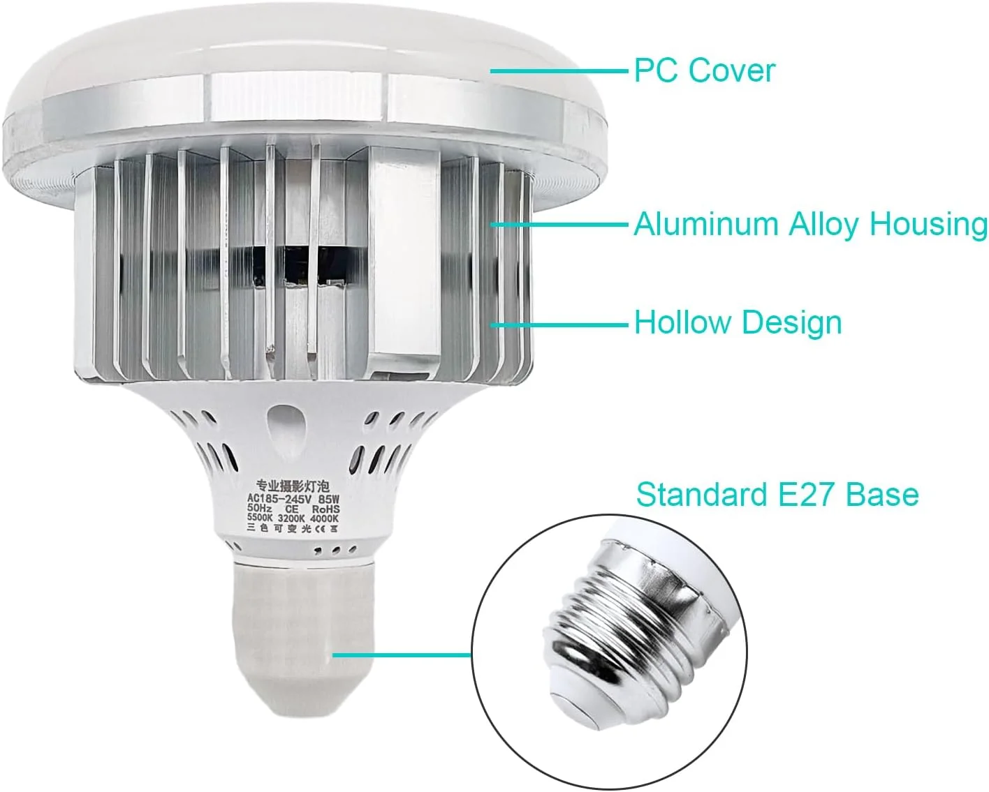 لامپ ال ای دی 85 وات Pepisky، لامپ عکاسی 3200K-5500K، لامپ کم مصرف با روشنایی قابل تنظیم، پایه E27 با کنترل از راه دور برای استودیو عکاسی، منزل، انبار، اداره، هتل