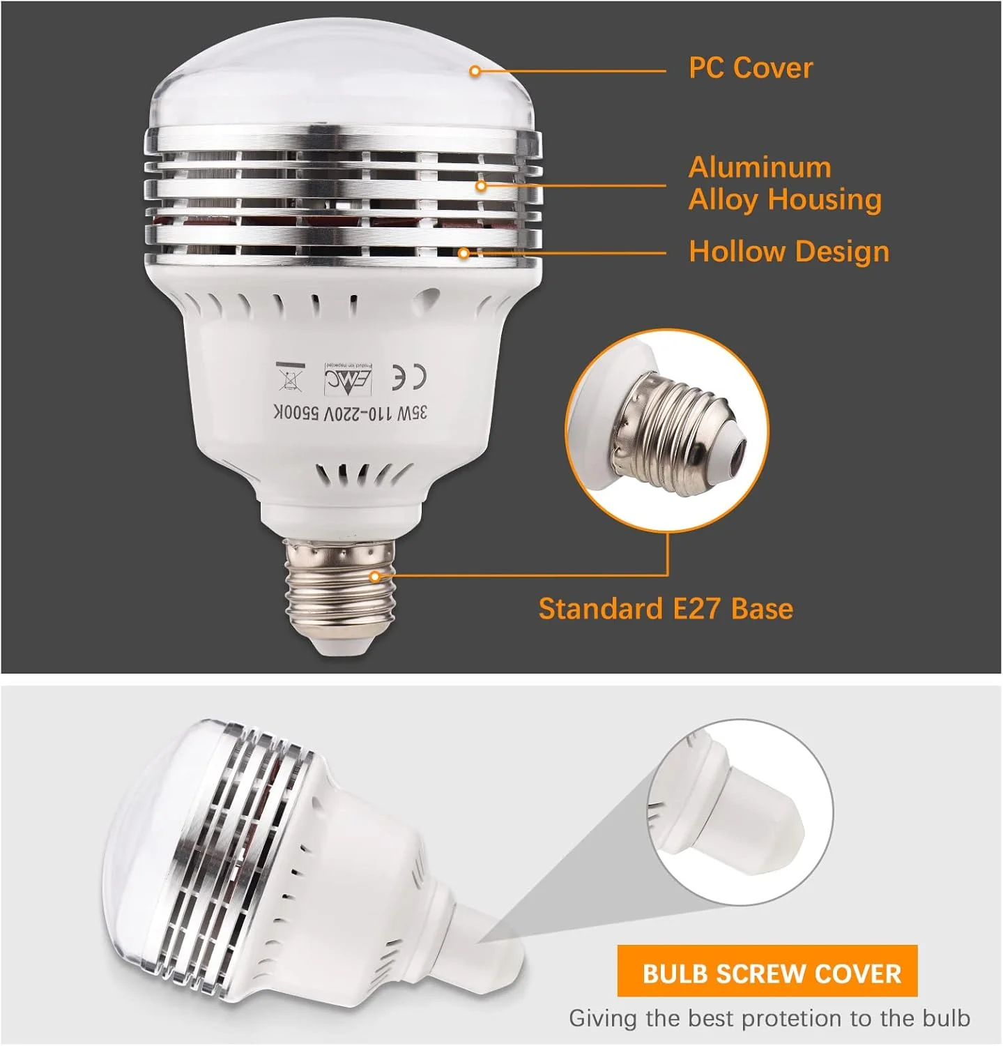 لامپ LED فاوونو 35 وات 5500K، لامپ عکاسی کم مصرف با روشنایی قابل تنظیم، پایه E27 با فیلترهای رنگی قرمز/زرد/آبی، کنترل از راه دور برای استودیوی عکاسی، خانه، انبار، دفتر