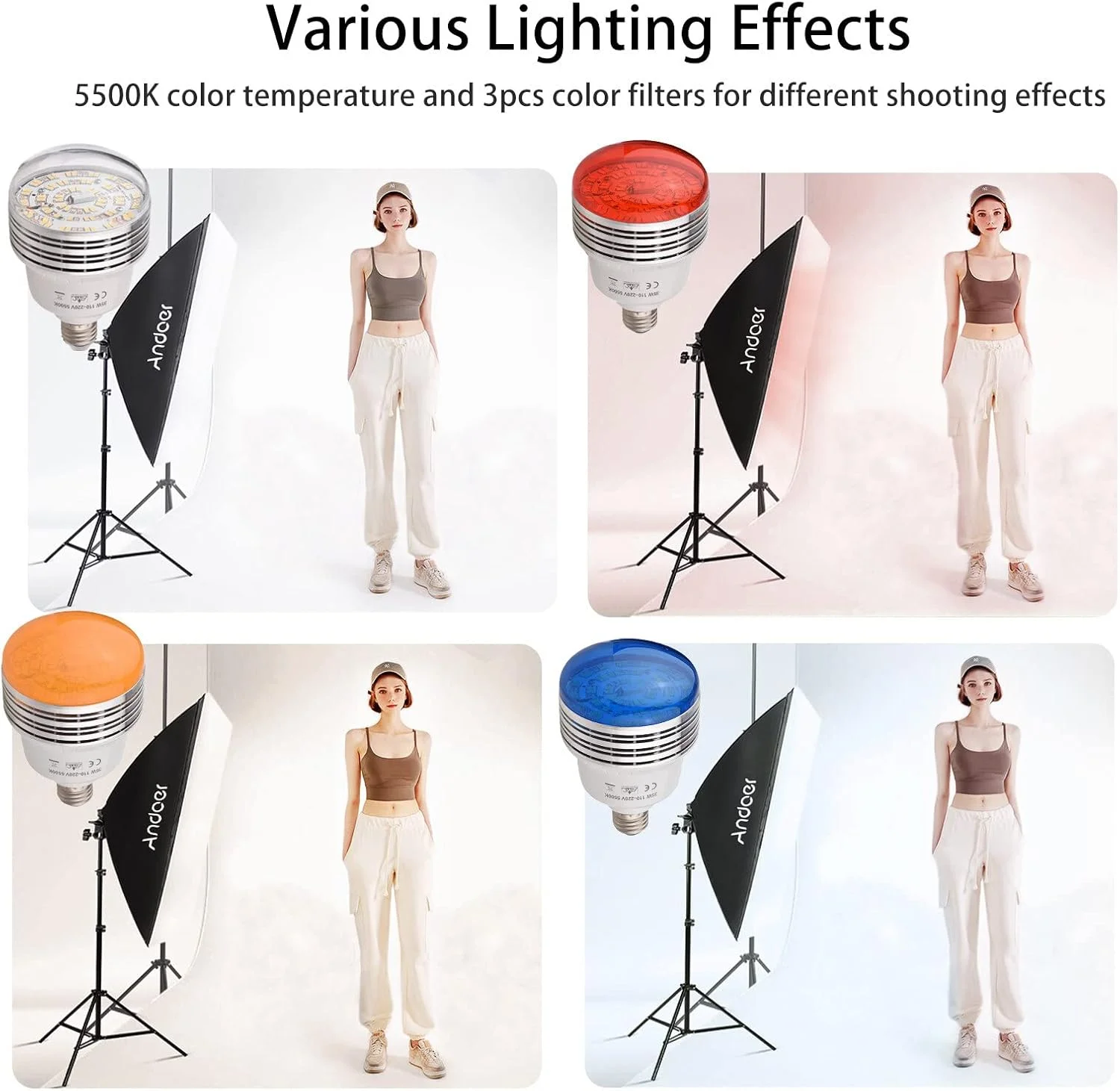 لامپ LED عکاسی 35 وات Irovami 5500K با قابلیت تنظیم روشنایی، پایه E27، به همراه فیلترهای رنگی قرمز/زرد/آبی و کنترل از راه دور، مناسب برای استودیو عکاسی، منزل، انبار، دفتر کار و هتل