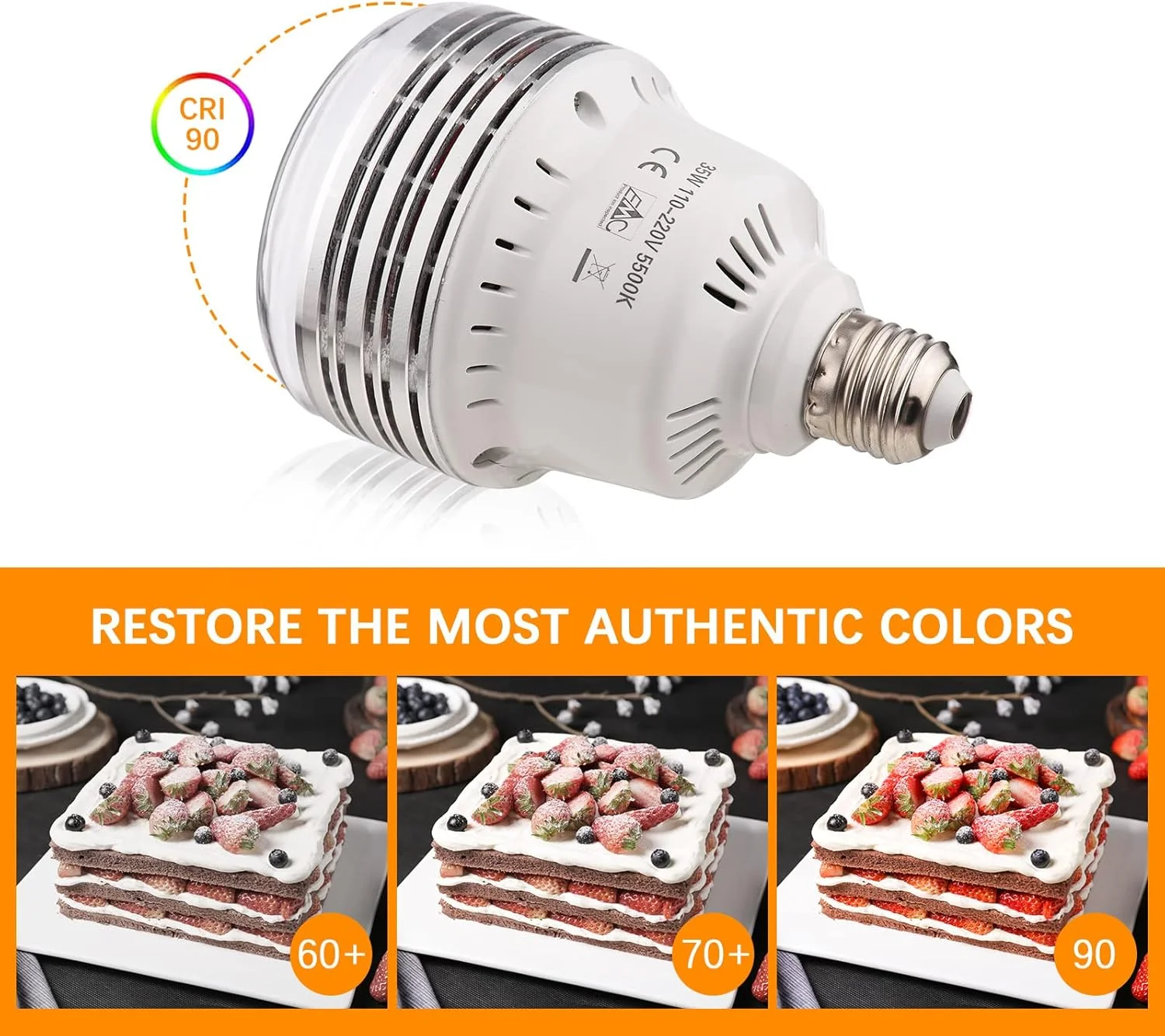 لامپ LED فاوونو 35 وات 5500K، لامپ عکاسی کم مصرف با روشنایی قابل تنظیم، پایه E27 با فیلترهای رنگی قرمز/زرد/آبی، کنترل از راه دور برای استودیوی عکاسی، خانه، انبار، دفتر