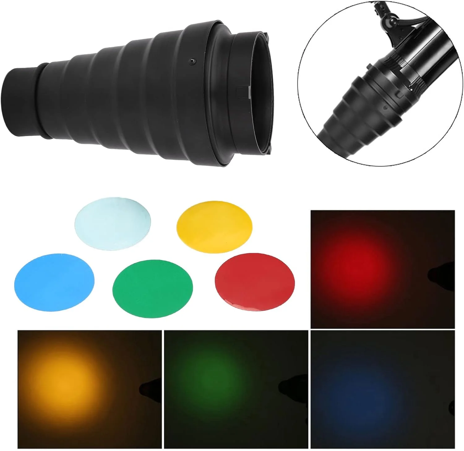 کیت اسنوت فلاش نوری، استوانه باریک کننده نور قابل حمل برای عکس و فیلم استودیویی، به همراه 5 فیلم رنگی برای لامپ عکاسی کیت اسنوت فلاش نوری، استوانه باریک کننده نور قابل حمل برای عکس و فیلم استودیویی، به همراه 5 فیلم رنگی برای لامپ عکاسی