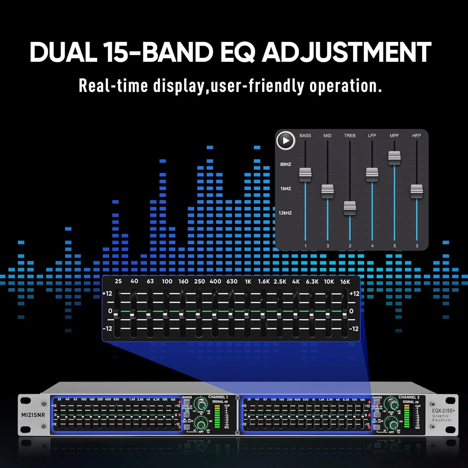 اکولایزر گرافیکی استریو برای سیستم صوتی خانگی، اکولایزر حرفه ای DJ دو کاناله 15 باندی، کاهش نویز، قابل نصب در رک 1U (EQX-215S)