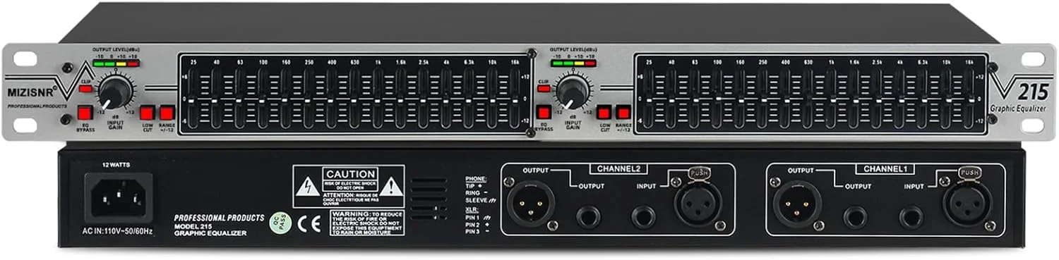 اکولایزر گرافیکی 15 باندی استریو برای سیستم صوتی خانگی، اکولایزر حرفه ای DJ نقره ای دو کاناله، کاهش نویز، قابل نصب در رک 1U (EQ-215S)
