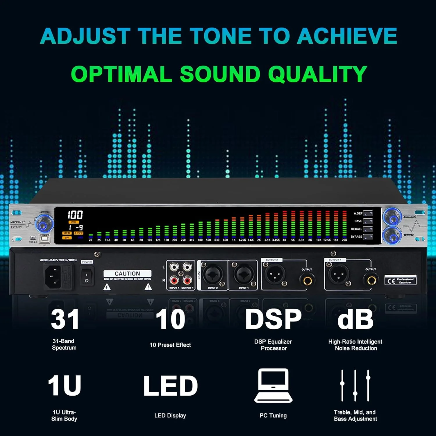 اکولایزر دیجیتال برای سیستم صوتی استریو خانگی، اکولایزر گرافیکی حرفه ای 31 باندی دو کاناله موزیک EQ با تنظیم PC، کاهش نویز و نمایشگر طیف سنج - نصب رک 1U، نقره ای