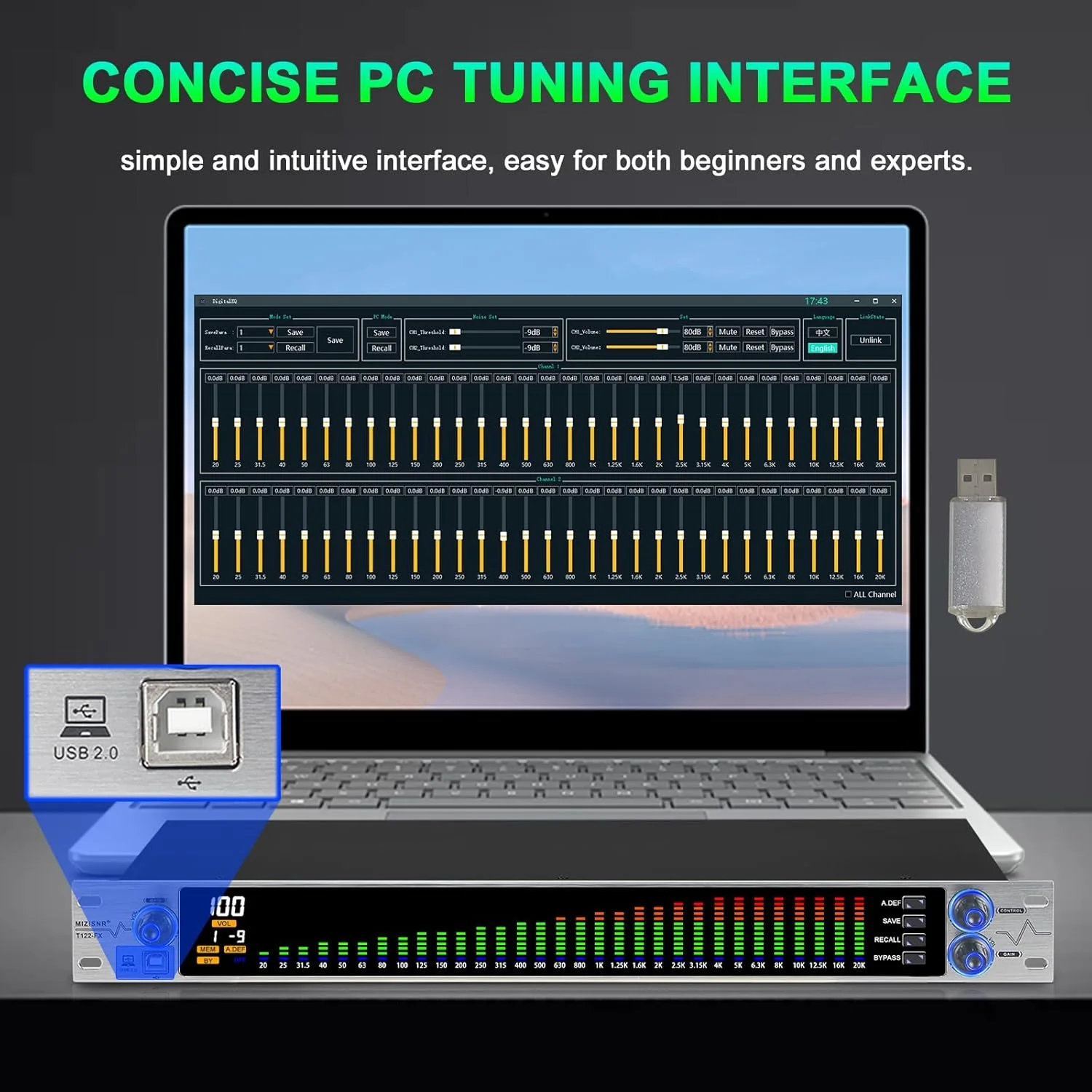اکولایزر دیجیتال برای سیستم صوتی استریو خانگی، اکولایزر گرافیکی حرفه ای 31 باندی دو کاناله موزیک EQ با تنظیم PC، کاهش نویز و نمایشگر طیف سنج - نصب رک 1U، نقره ای