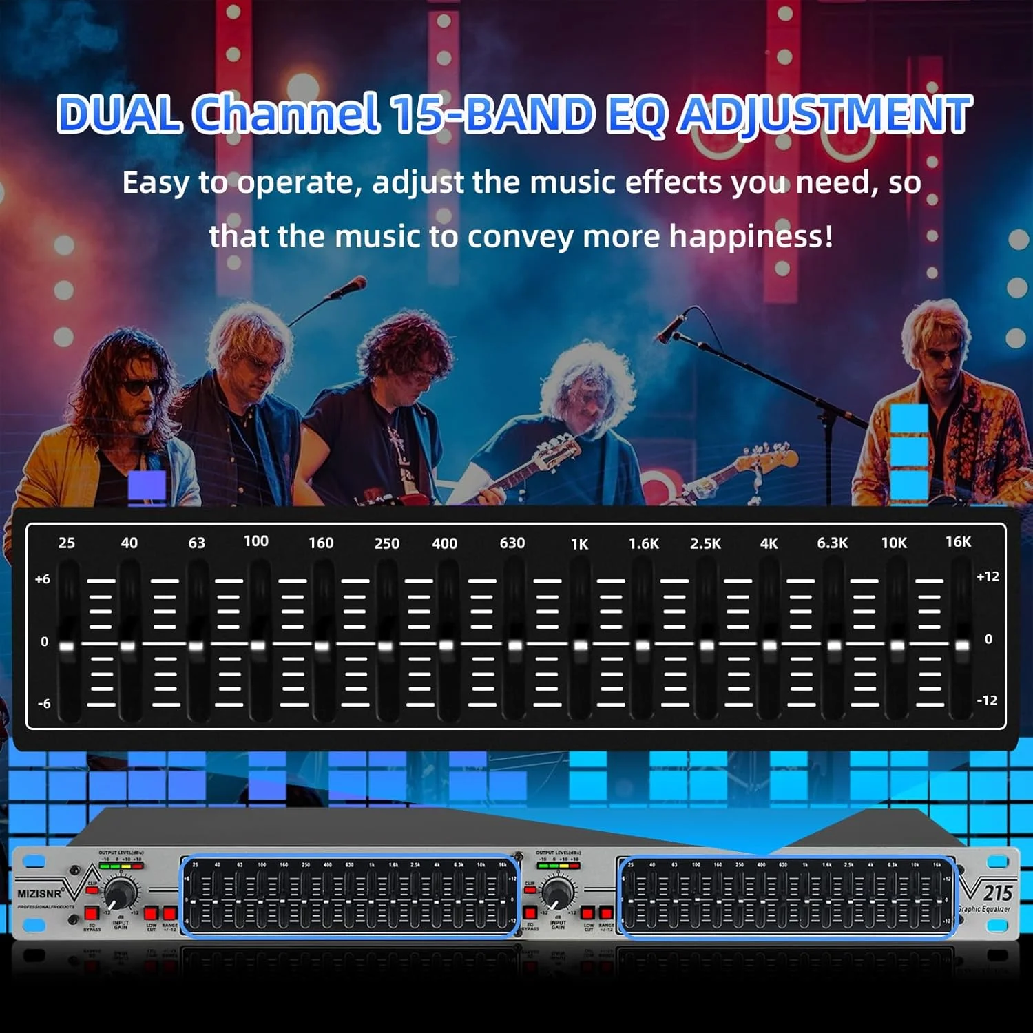 اکولایزر گرافیکی 15 باندی استریو برای سیستم صوتی خانگی، اکولایزر حرفه ای DJ نقره ای دو کاناله، کاهش نویز، قابل نصب در رک 1U (EQ-215S) اکولایزر گرافیکی 15 باندی استریو برای سیستم صوتی خانگی، اکولایزر حرفه ای DJ نقره ای دو کاناله، کاهش نویز، قابل نصب در رک 1U (EQ-215S)
