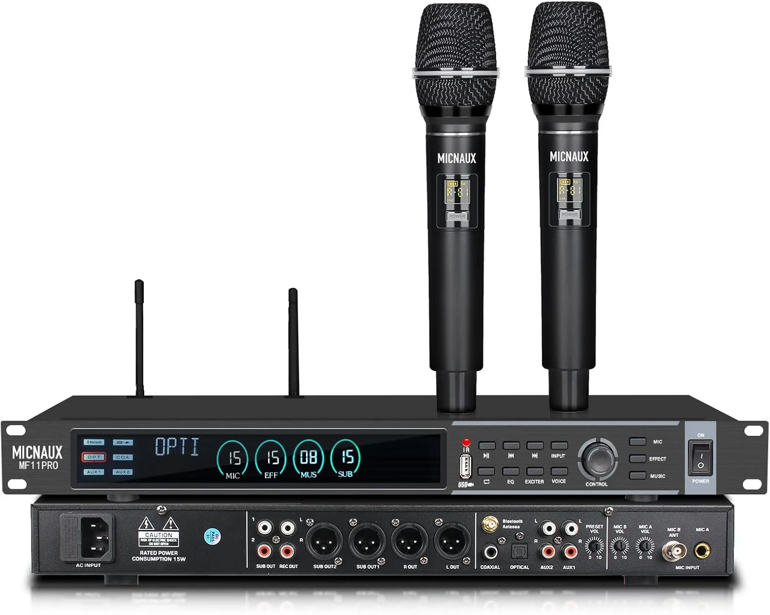 میکسر کارائوکه دیجیتال KTV، پردازنده حرفه ای جلوه های صوتی ووکال، سیستم میکروفون بی سیم دوگانه با DSP ضد فیدبک، ورودی USB بلوتوث اپتیکال (مشکی)