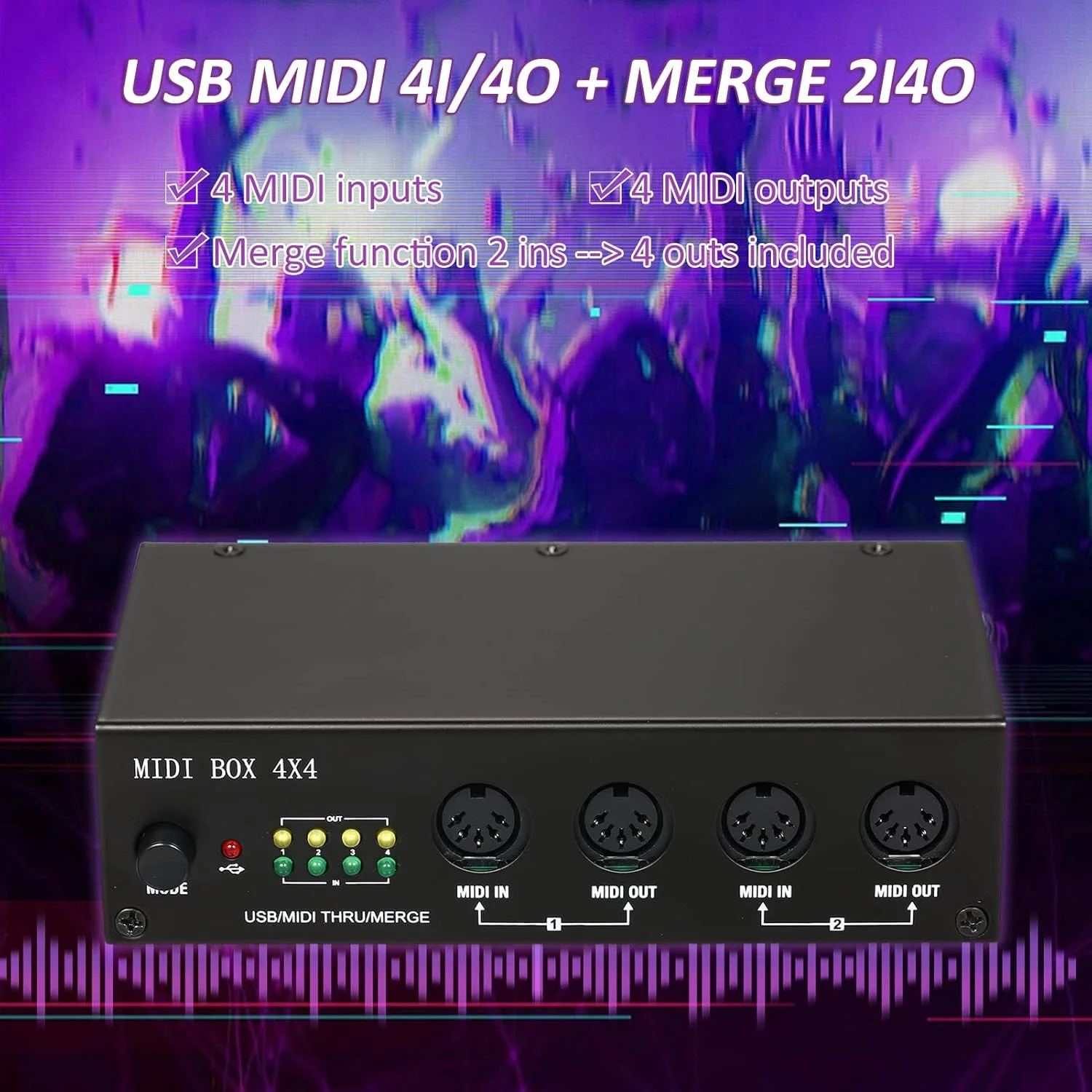 اینترفیس USB MIDI، اینترفیس UM4X4 USB MIDI با 4 ورودی / 4 خروجی 64 کانال MIDI، جعبه MIDI 4i/4o + Merge 2i4o MIDI Box 4X4