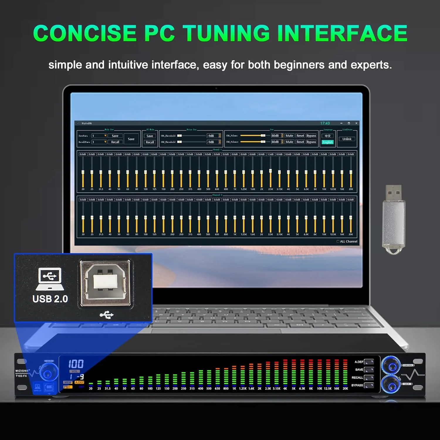 اکولایزر دیجیتال برای سیستم صوتی استریو خانگی، اکولایزر گرافیکی حرفه ای 31 باندی دو کاناله موزیک EQ با تنظیم PC، کاهش نویز و نمایشگر طیف سنج - نصب رک 1U، مشکی
